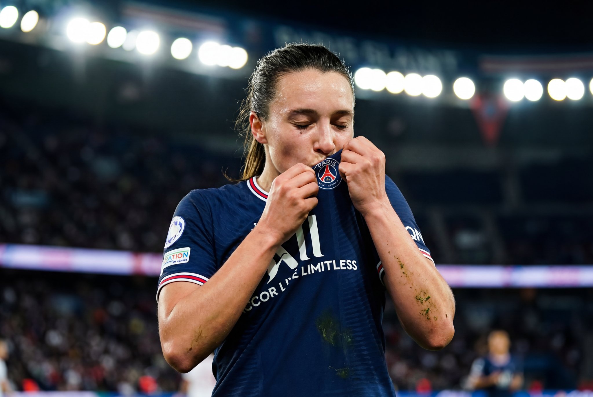 Action portrait of a woman soccer player