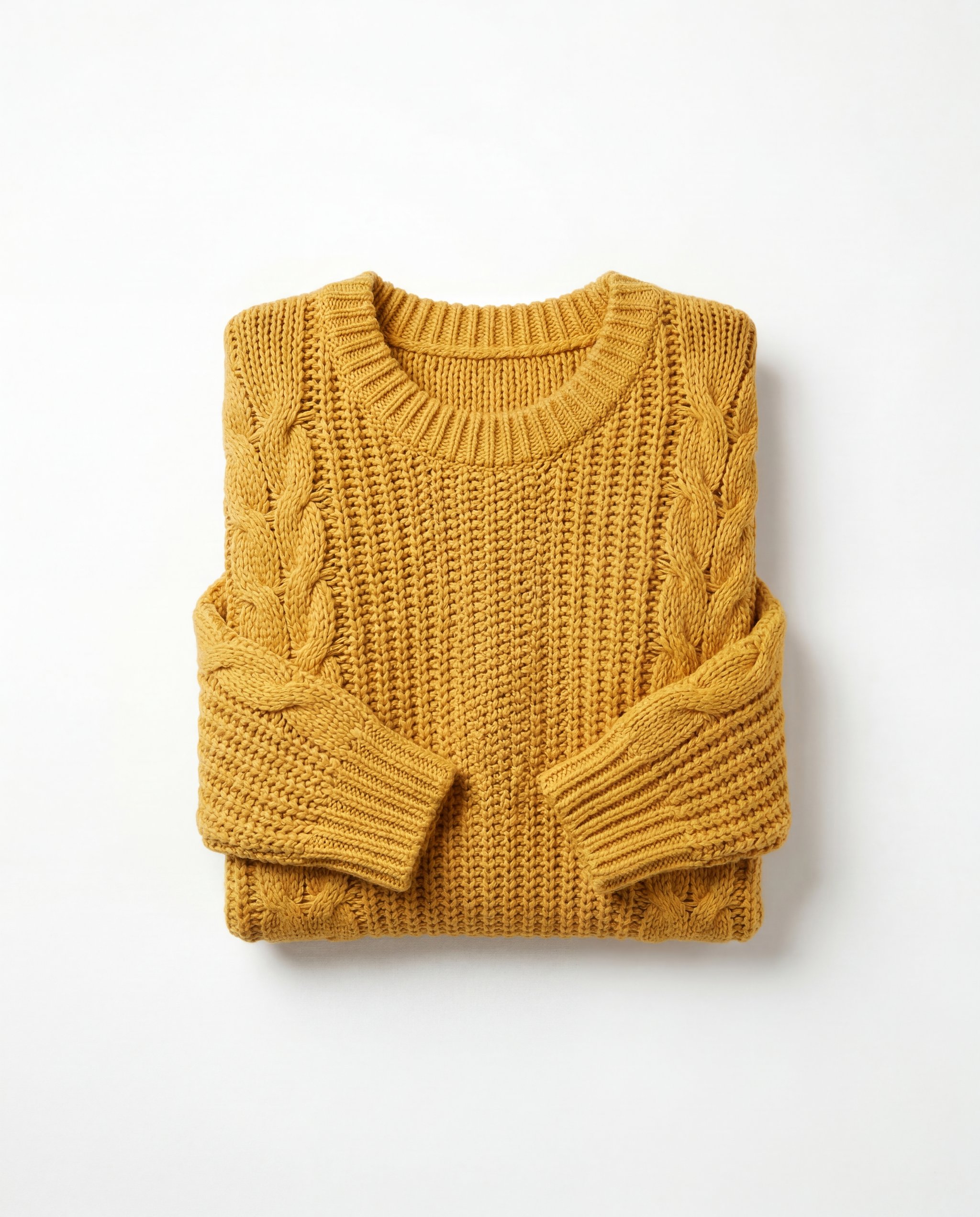 Clean flat-lay ecommerce image of a chunky mustard-yellow oversized sweater on a pure white background