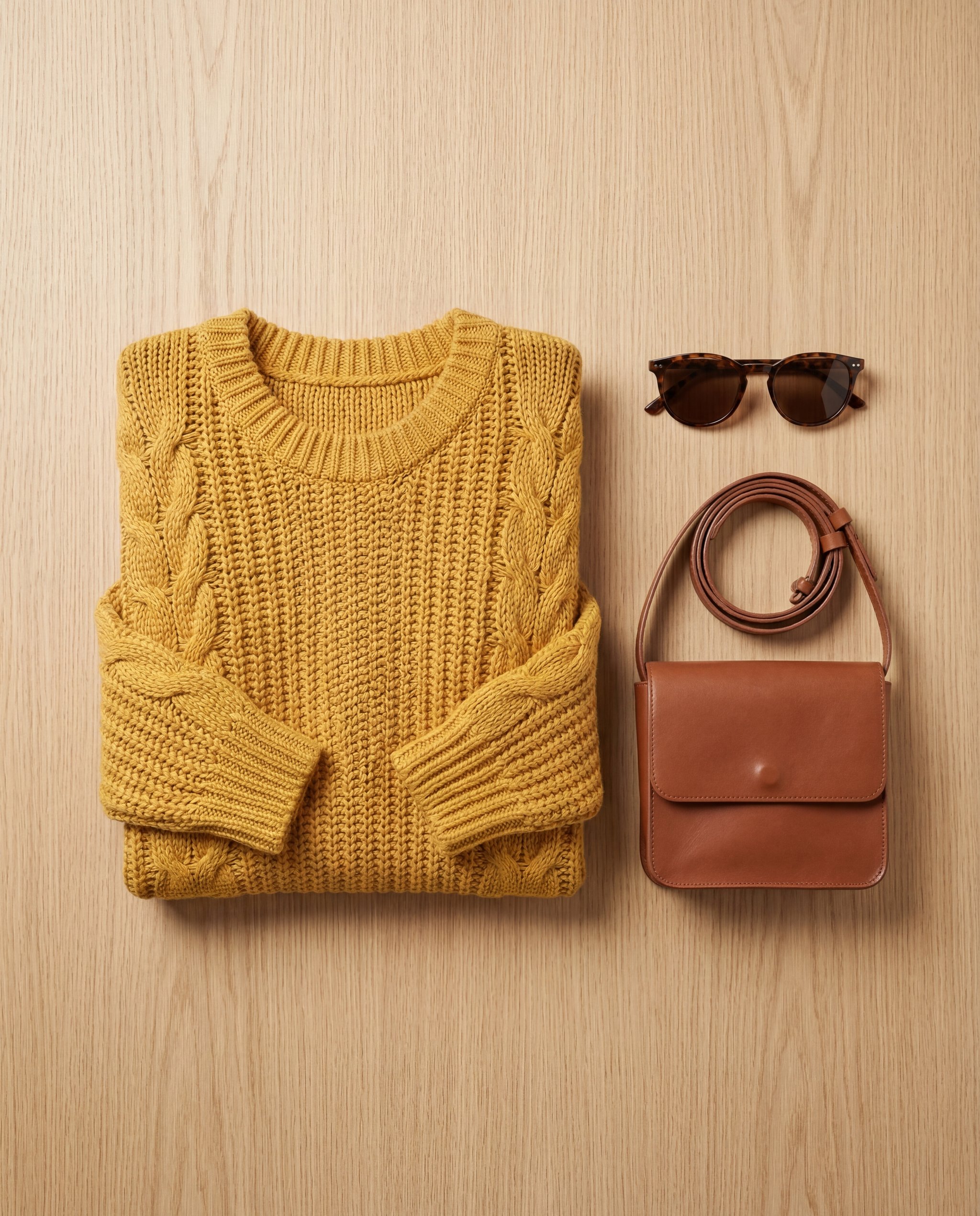 Flat-lay scale reference image of a mustard-yellow oversized sweater beside a leather crossbody bag and sunglasses