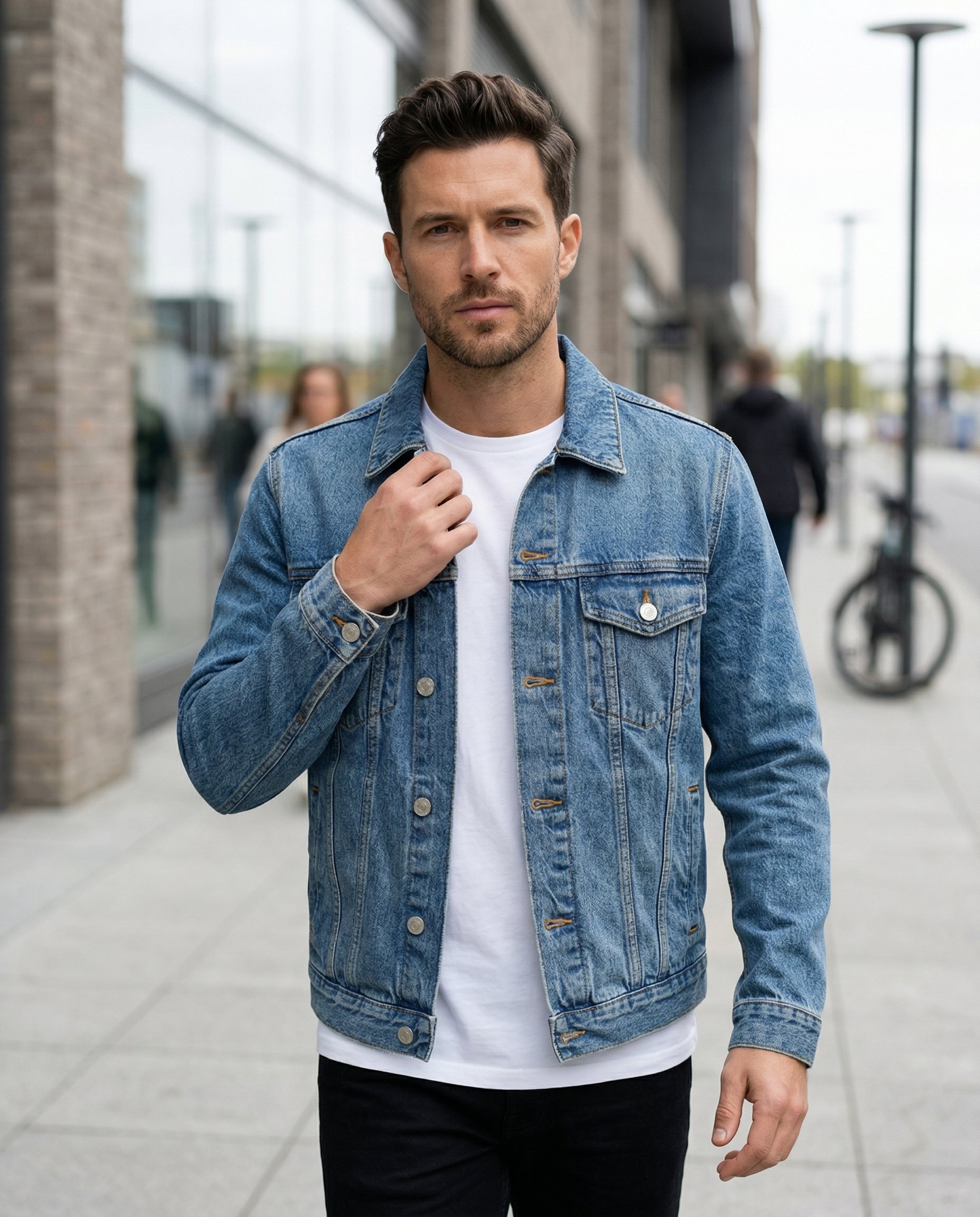 Lifestyle apparel photo of the same bomber jacket worn in a street-style setting