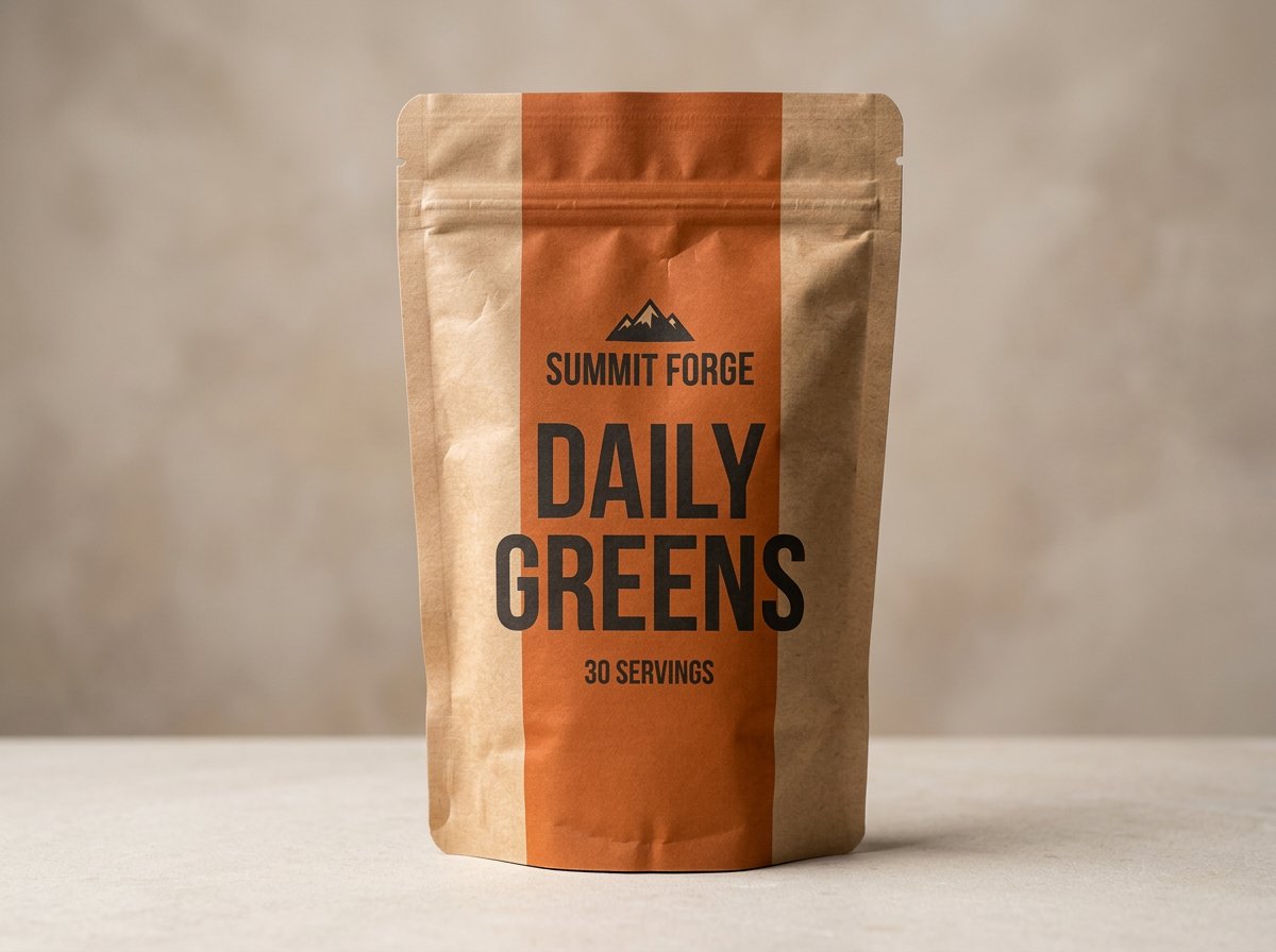 Supplement pouch product photo after cleanup, lighting refinement, and premium ecommerce polish