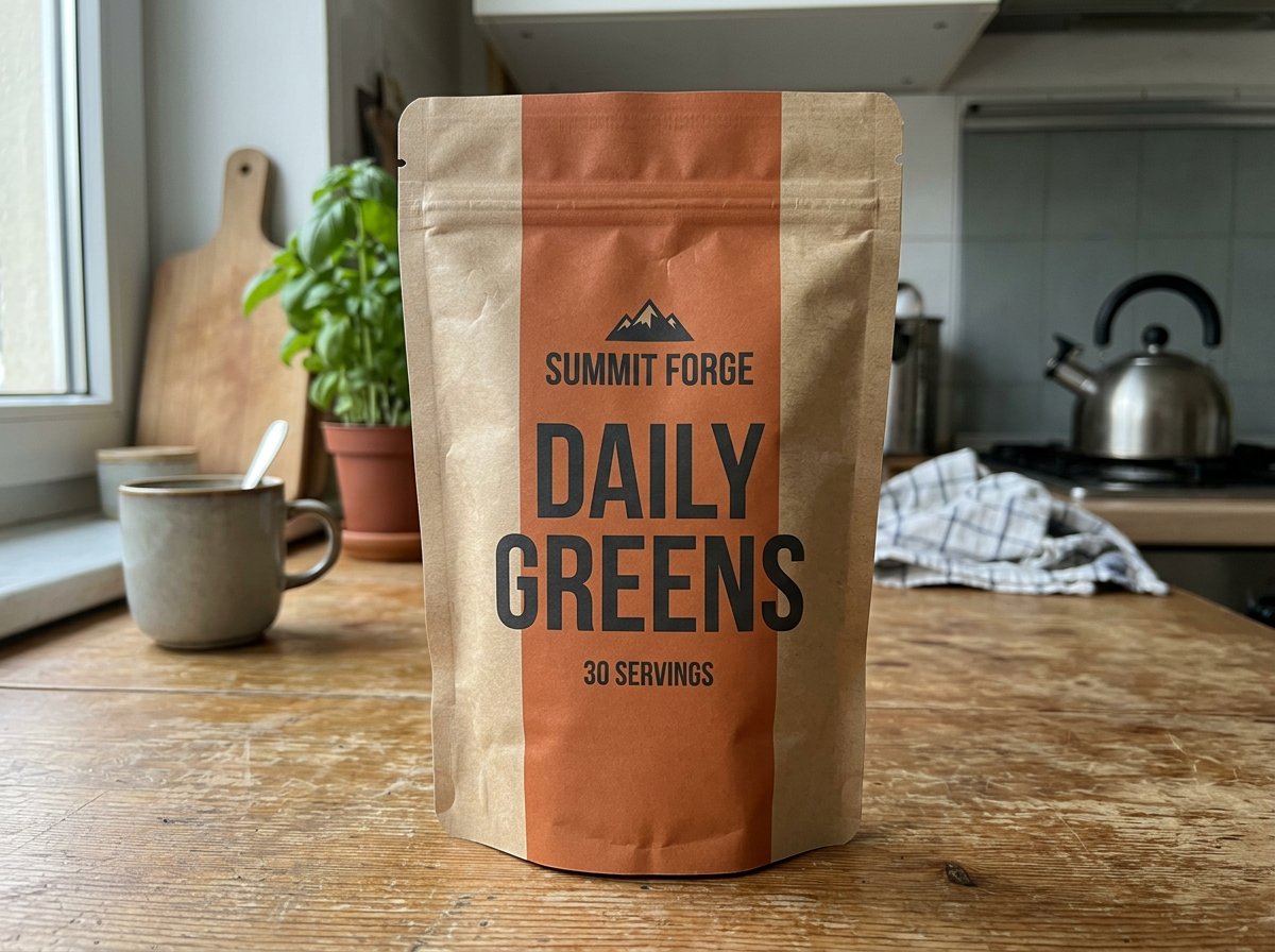 Supplement pouch source photo on a casual kitchen surface before cleanup and lighting improvements