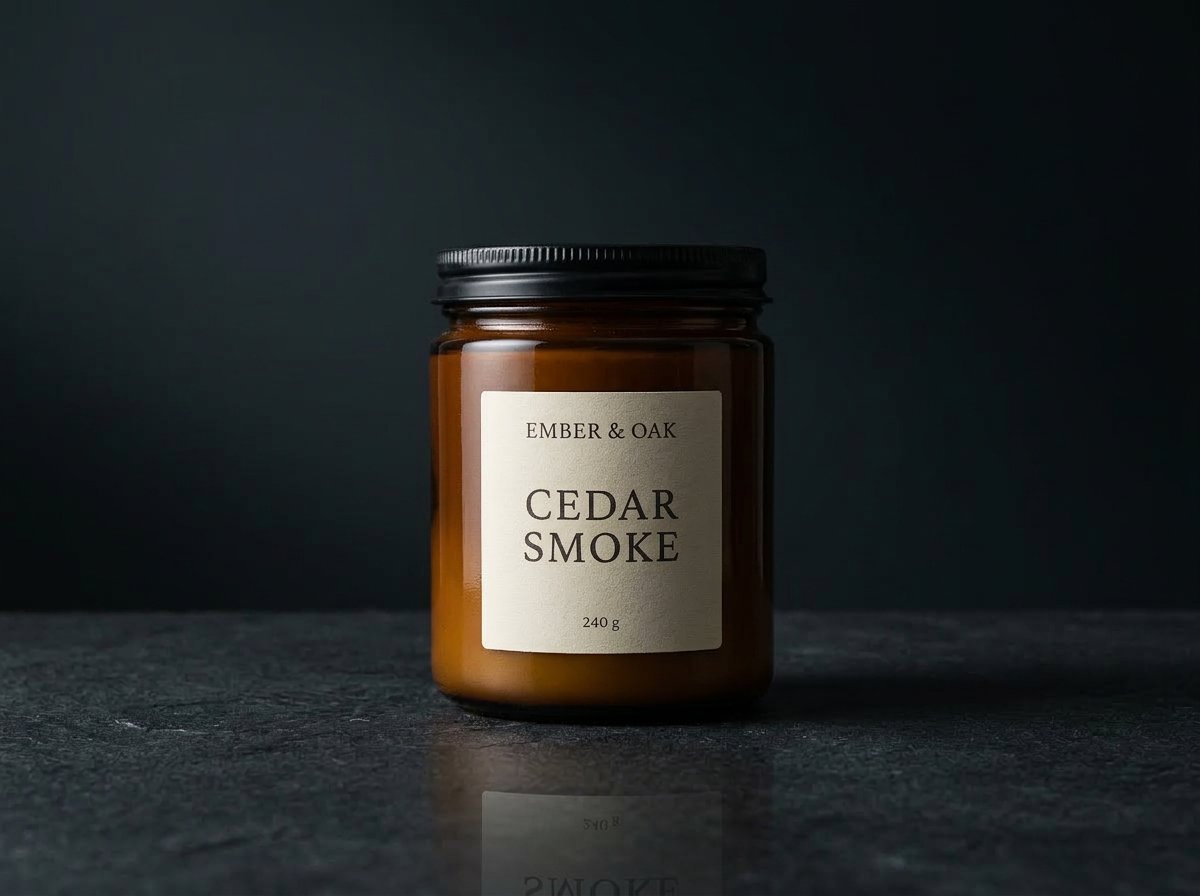 Candle jar product photo after moody editorial background replacement with realistic glass and shadow detail