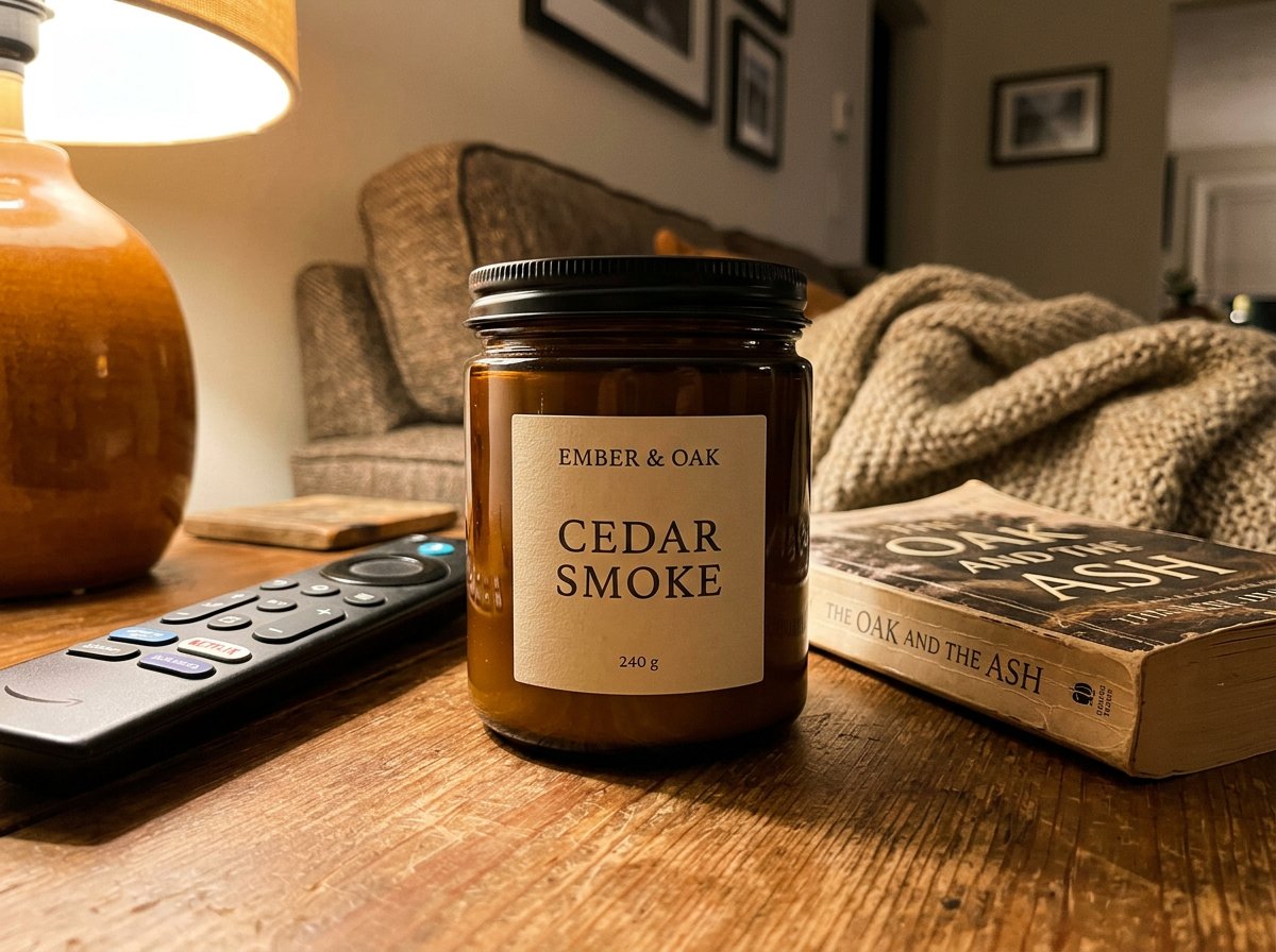 Candle jar source photo before background replacement in a casual home setting
