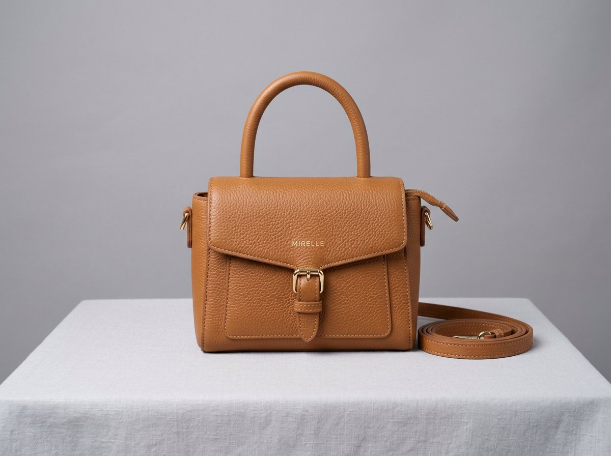 Leather handbag product photo after clean studio background replacement with preserved texture and hardware