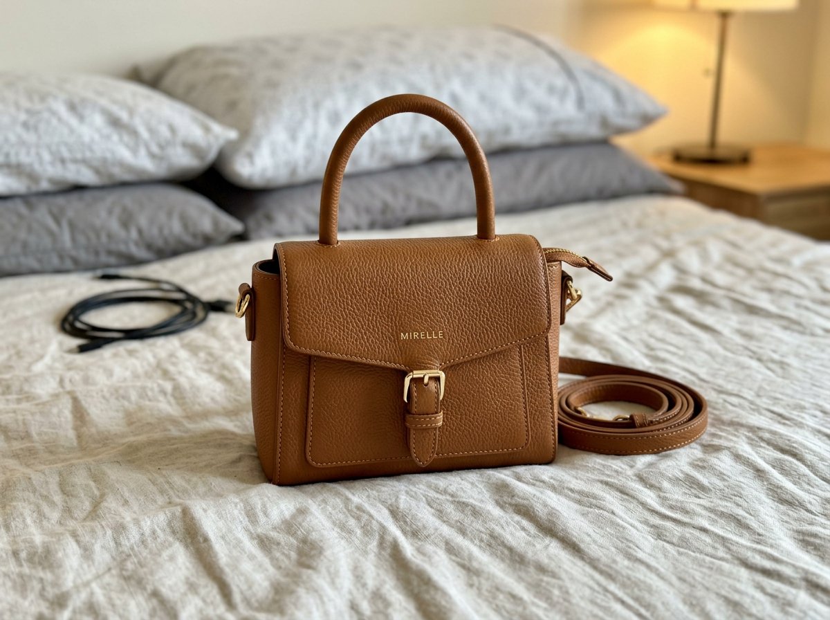 Leather handbag source photo before background replacement on a cluttered home surface