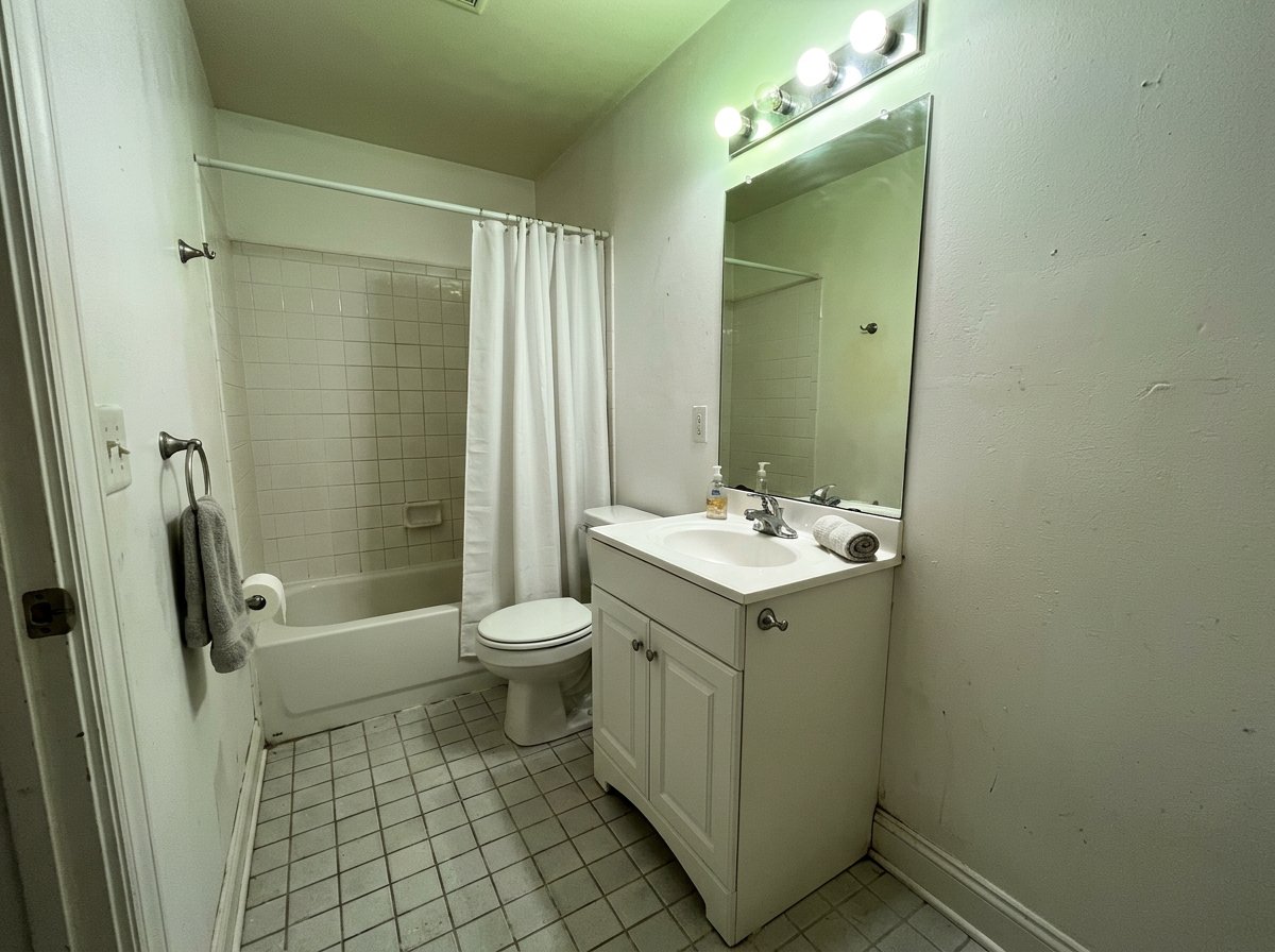 Bathroom listing photo before color correction and shadow cleanup