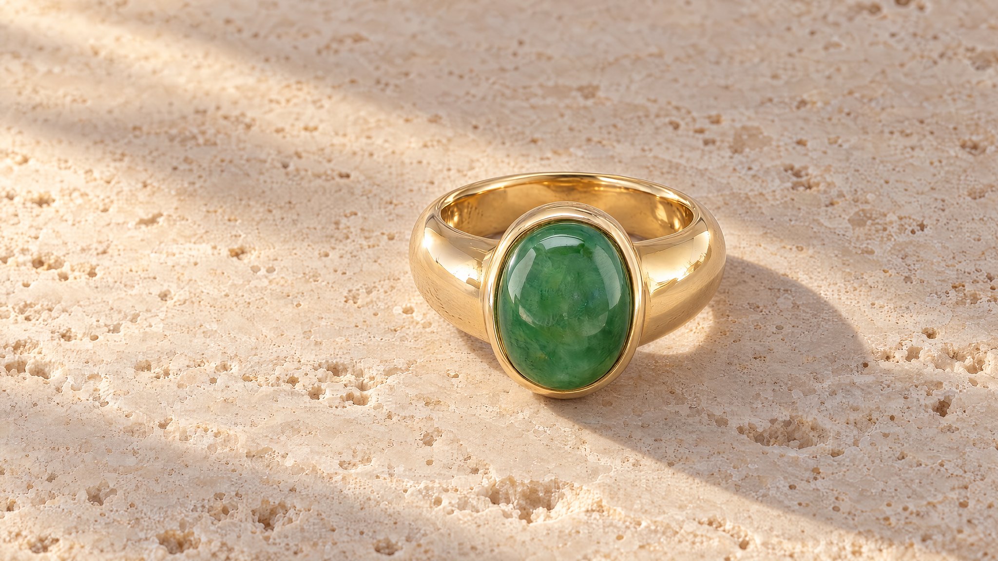 Anillo de oro sobre travertino con luz cálida