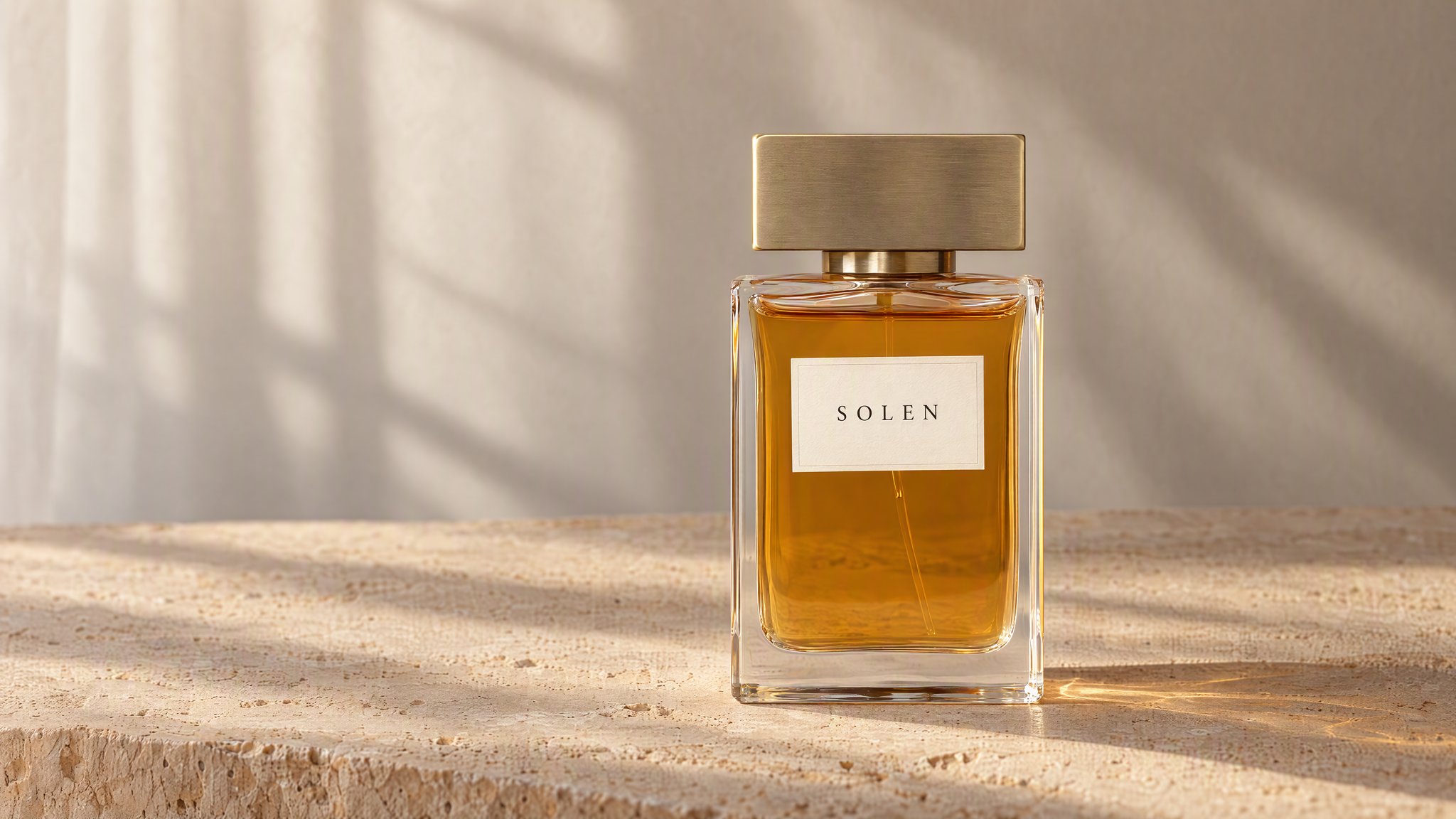 Frasco de perfume ámbar sobre piedra cálida