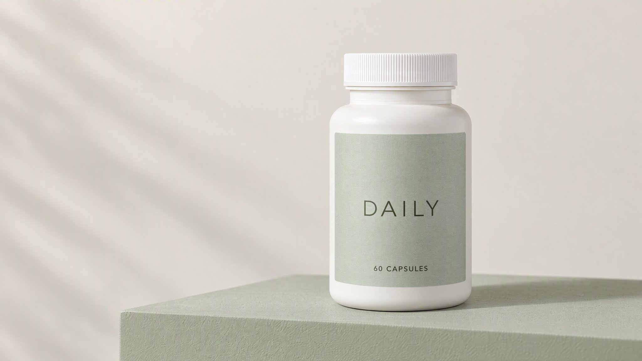 Supplement bottle on a sage plinth
