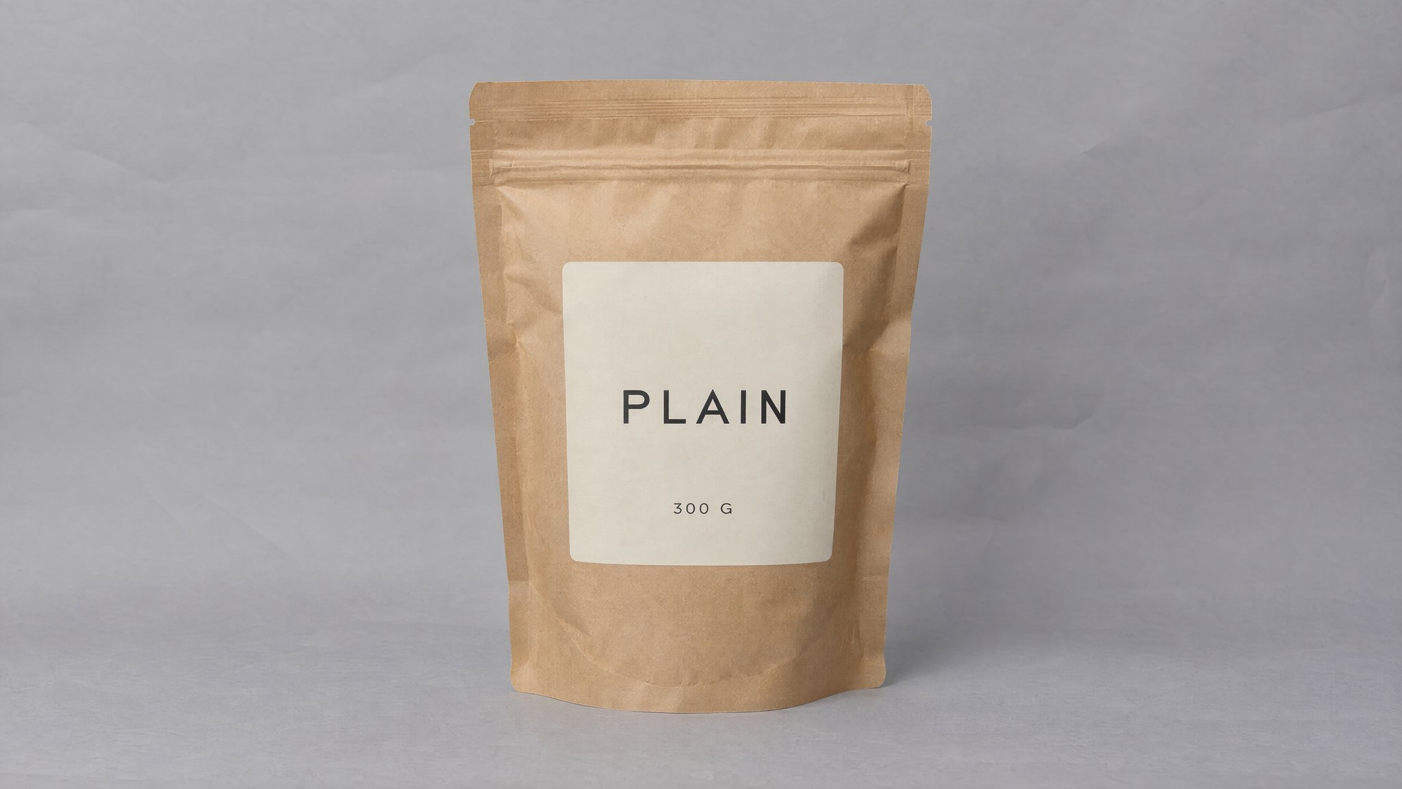 Kraft supplement pouch with a PLAIN and 300 G label on gray paper, generated with AI