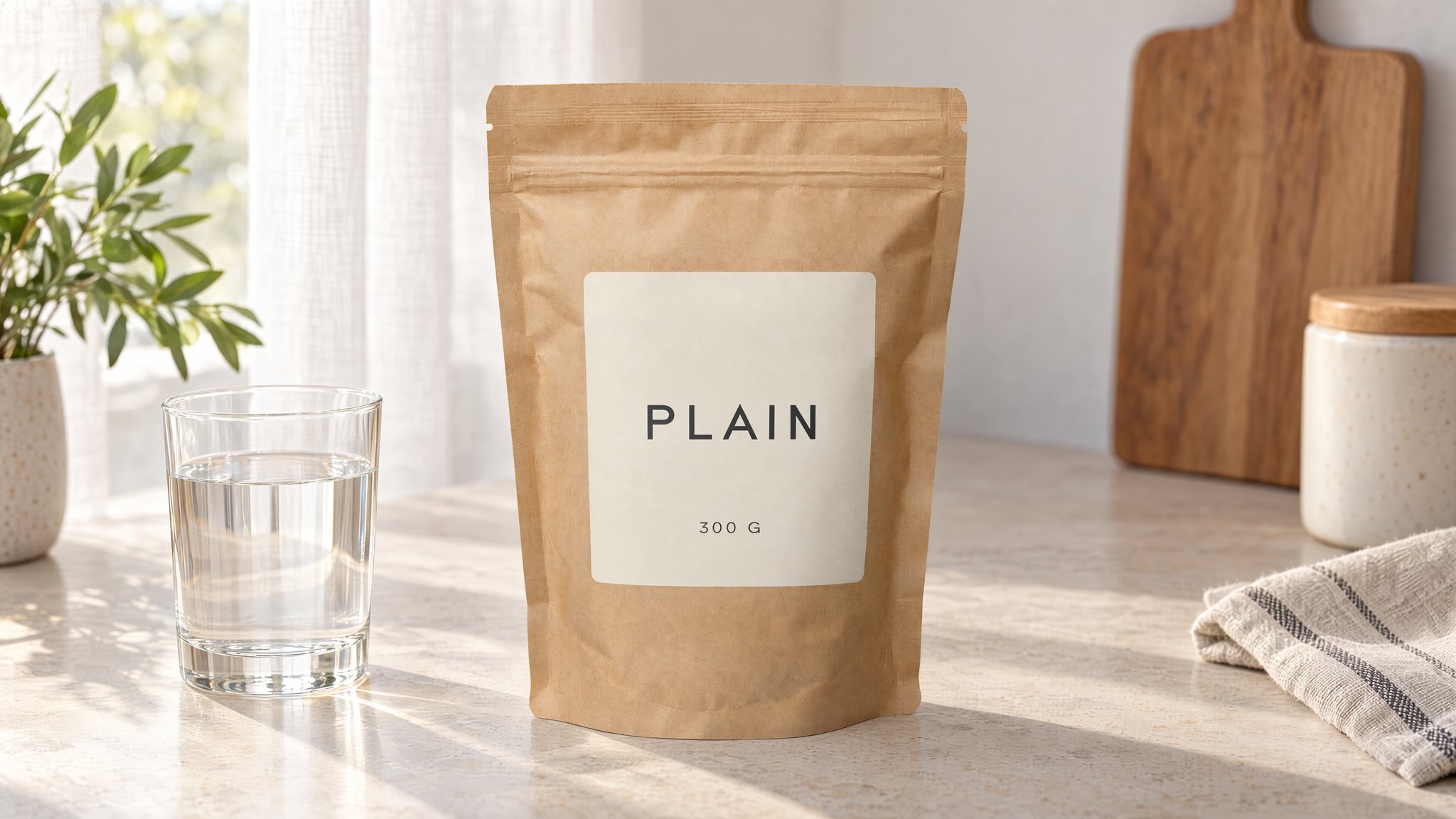Kraft PLAIN supplement pouch beside a glass of water on a pale table