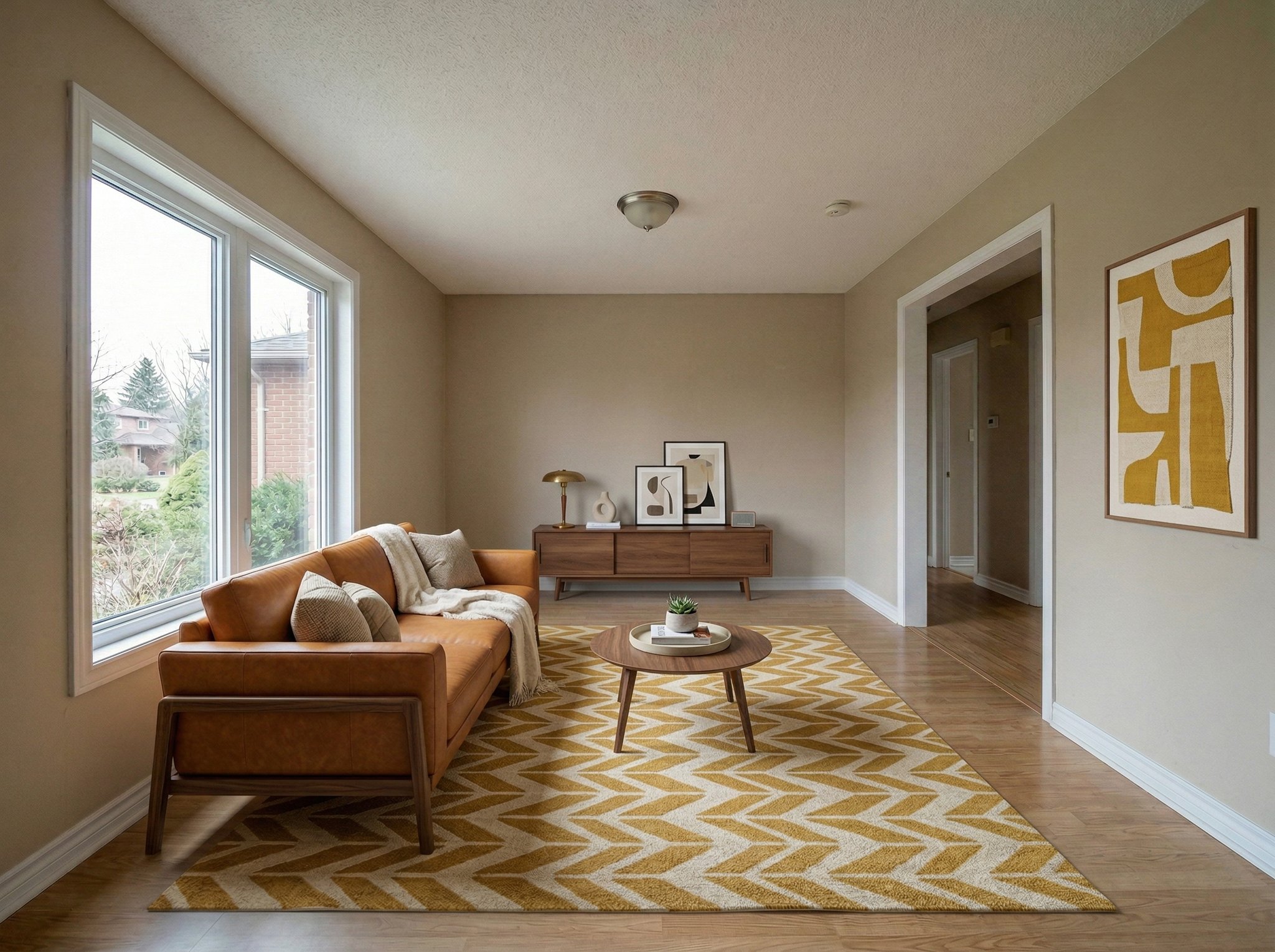 Virtually staged mid-century-inspired living room with a tan leather sofa and walnut furniture for a rental listing