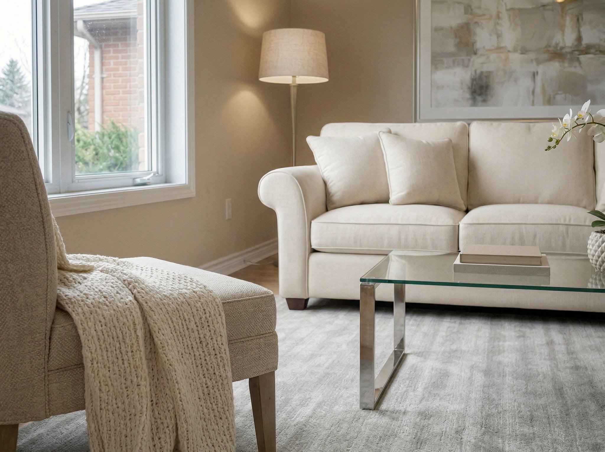 Tighter listing-ready crop of the staged living room showing the sofa, coffee table, and rug details
