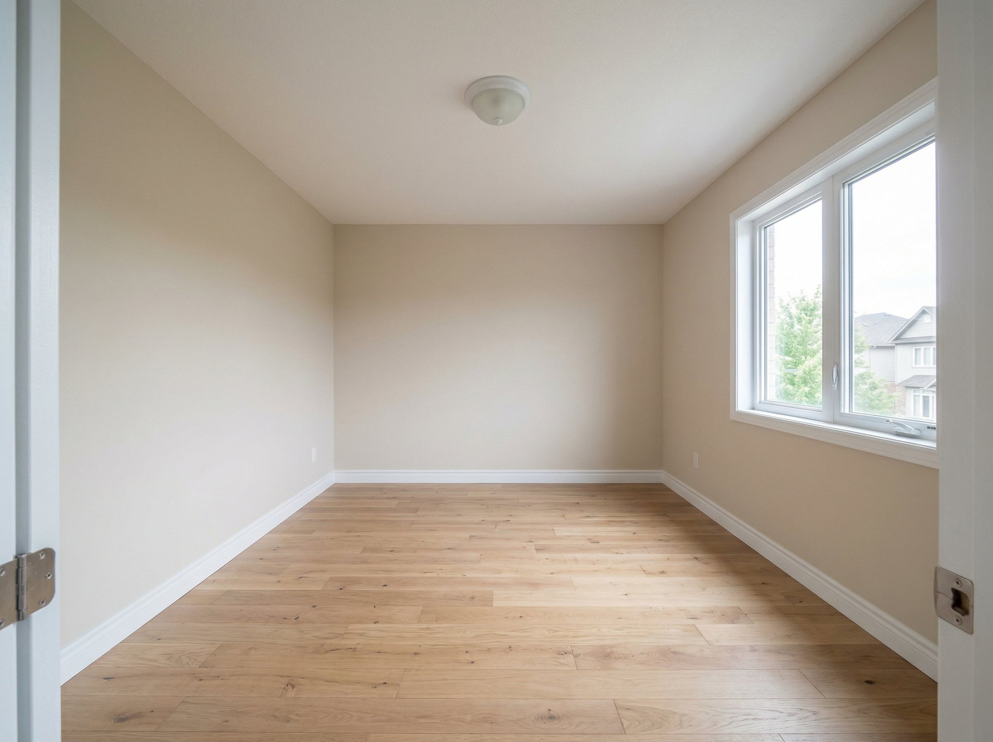 Empty bedroom photo with neutral walls and bare floors before virtual staging