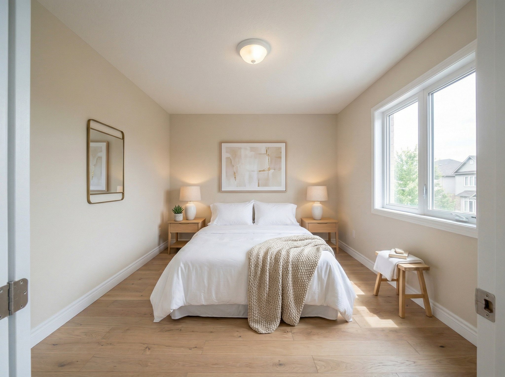 Virtually staged primary bedroom with broad-market furniture, crisp bedding, and a balanced residential listing presentation