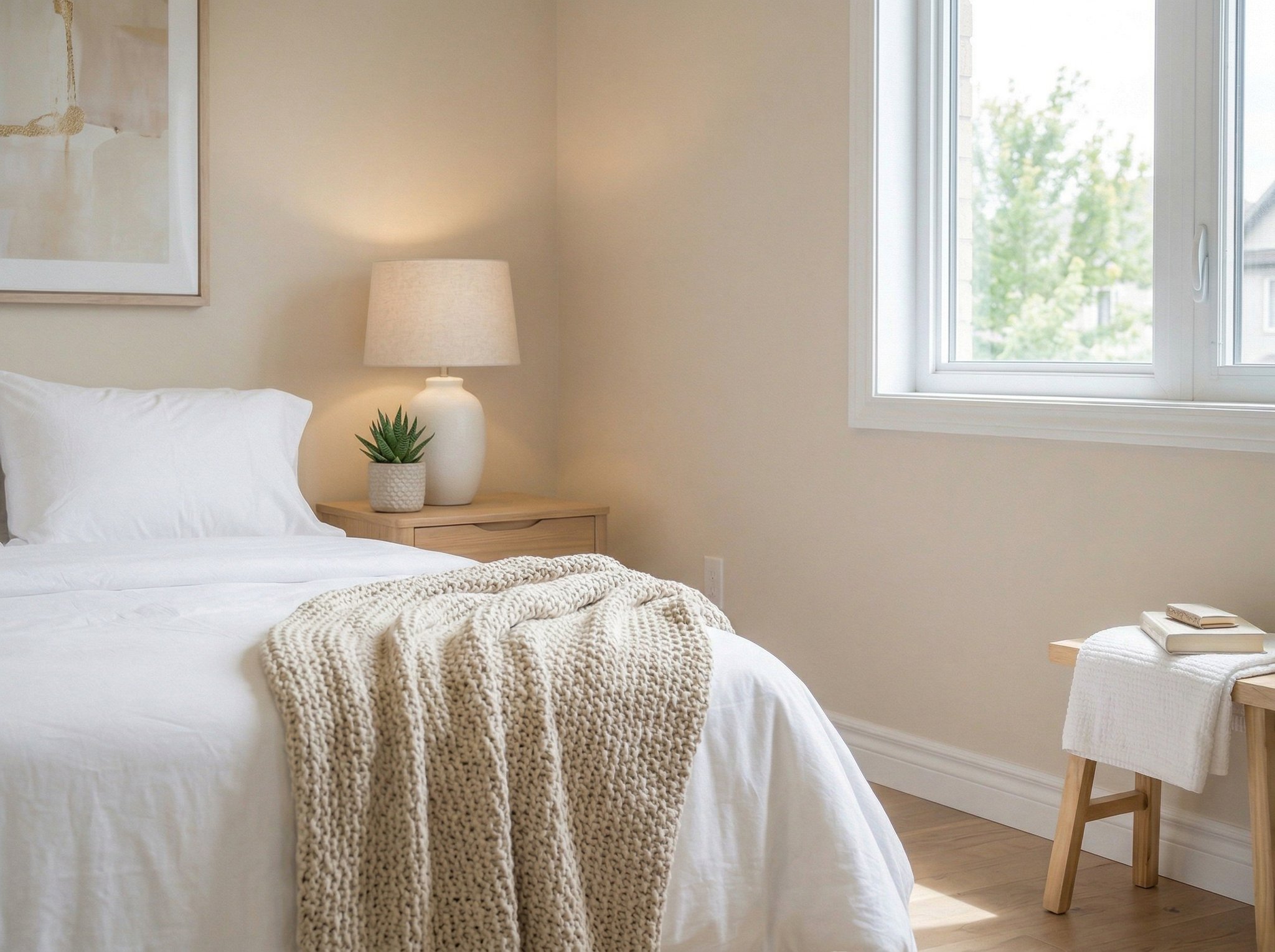 Tighter listing-ready crop of the staged bedroom showing the bed, bedside styling, and decor details