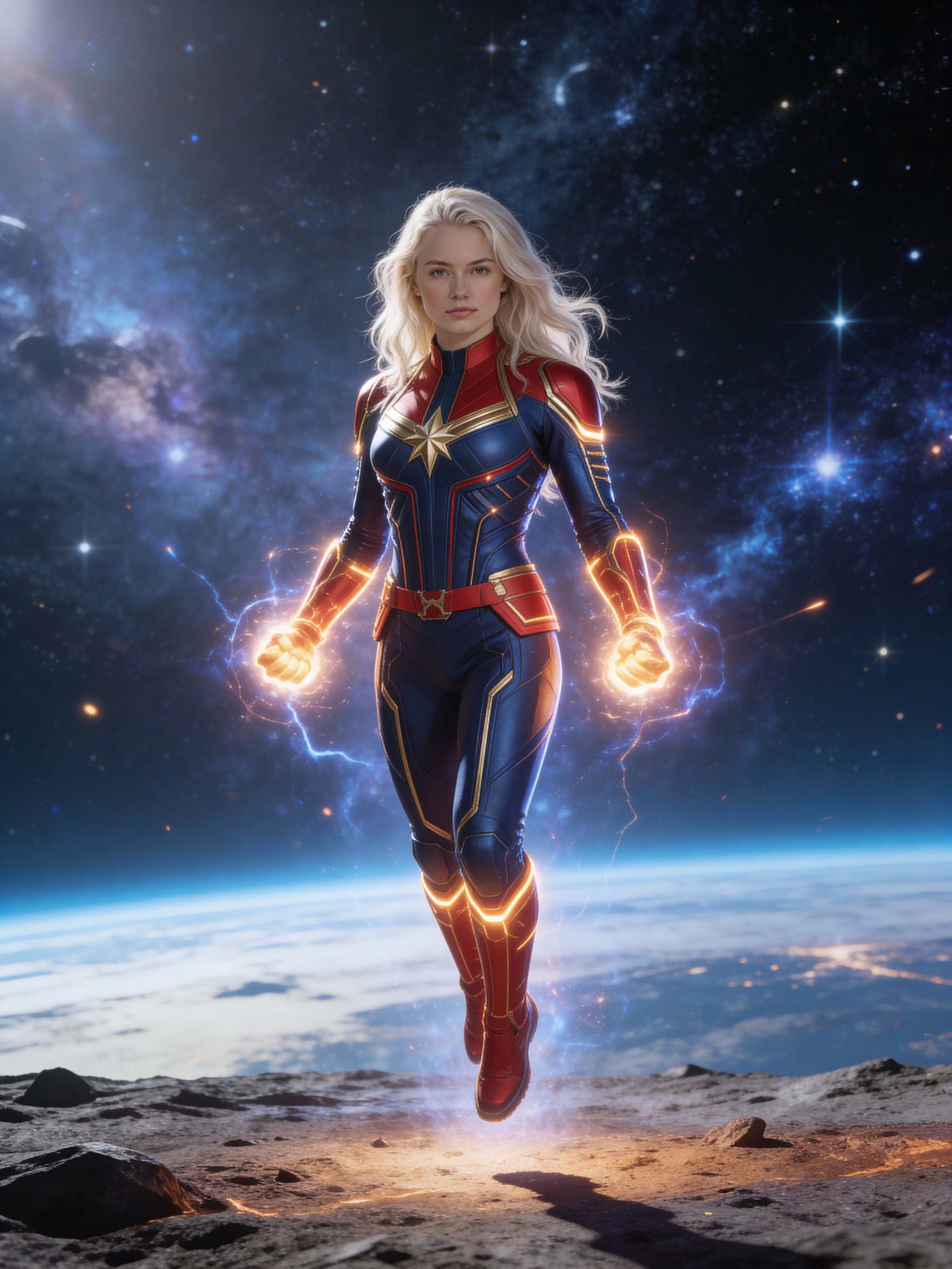 Ejemplo: retrato inspirado en Captain Marvel con energía brillante