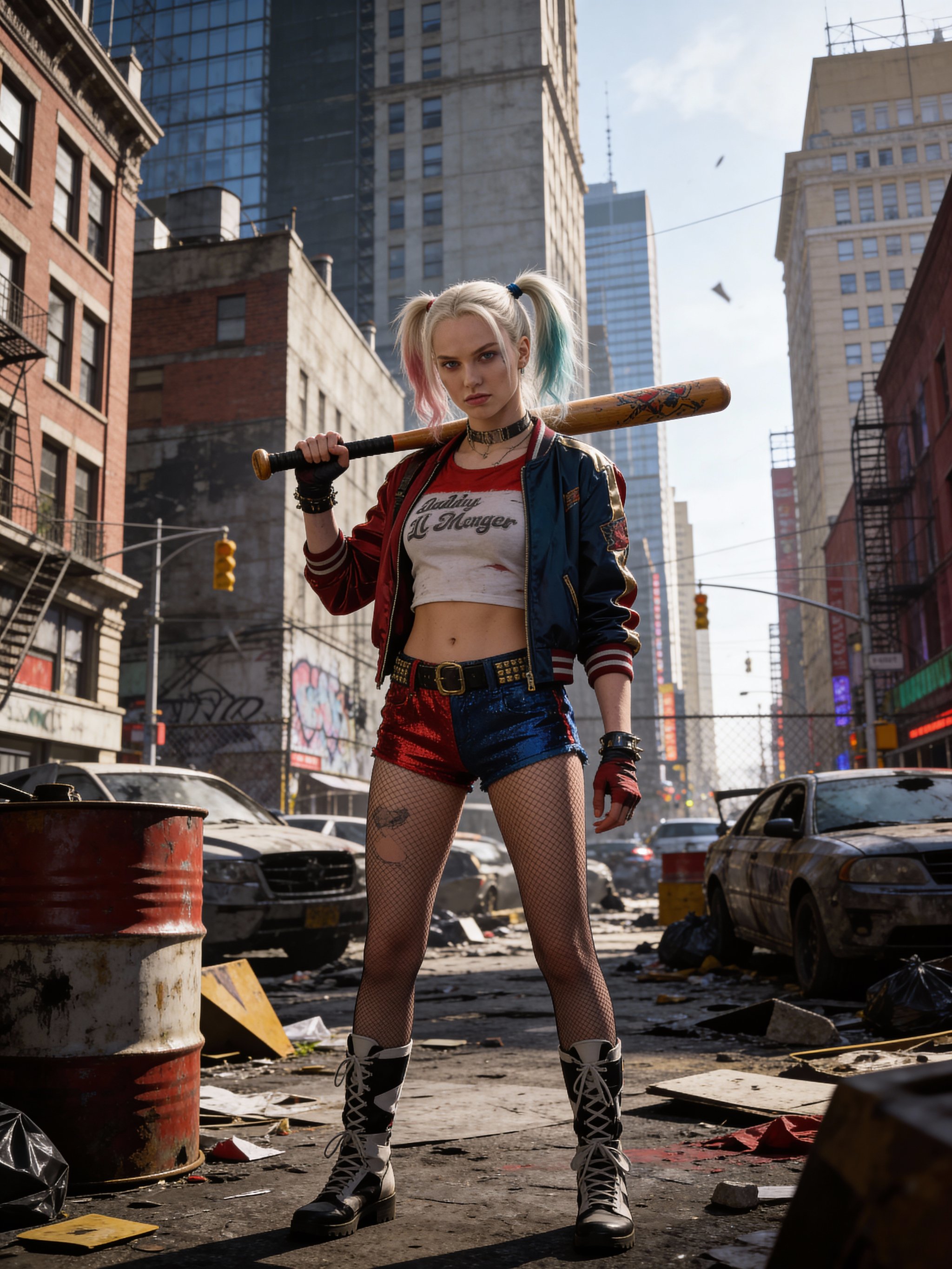 Ejemplo: retrato inspirado en Harley Quinn con bate y colores intensos