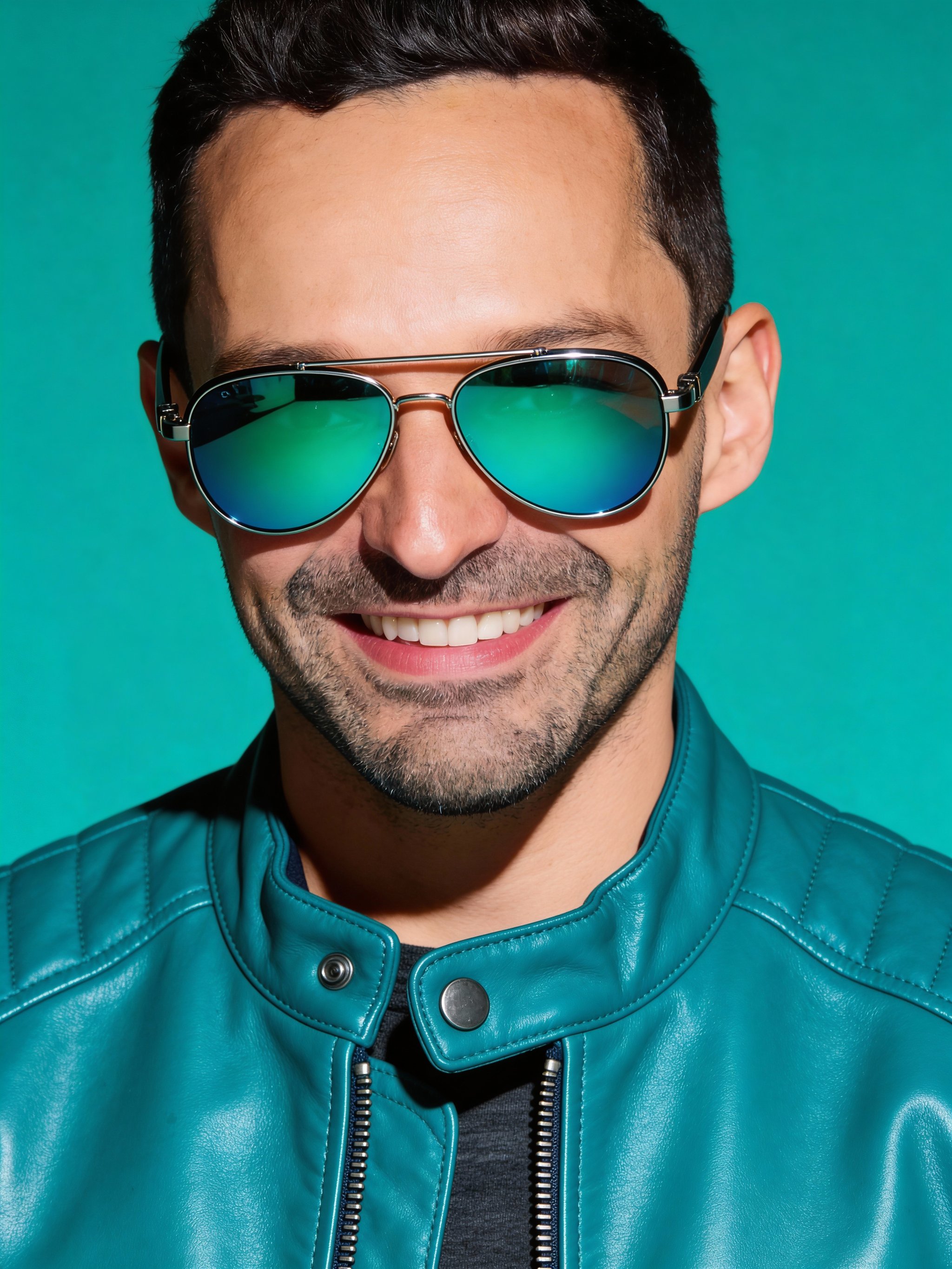 Example: studio portrait with teal jacket and aviator sunglasses