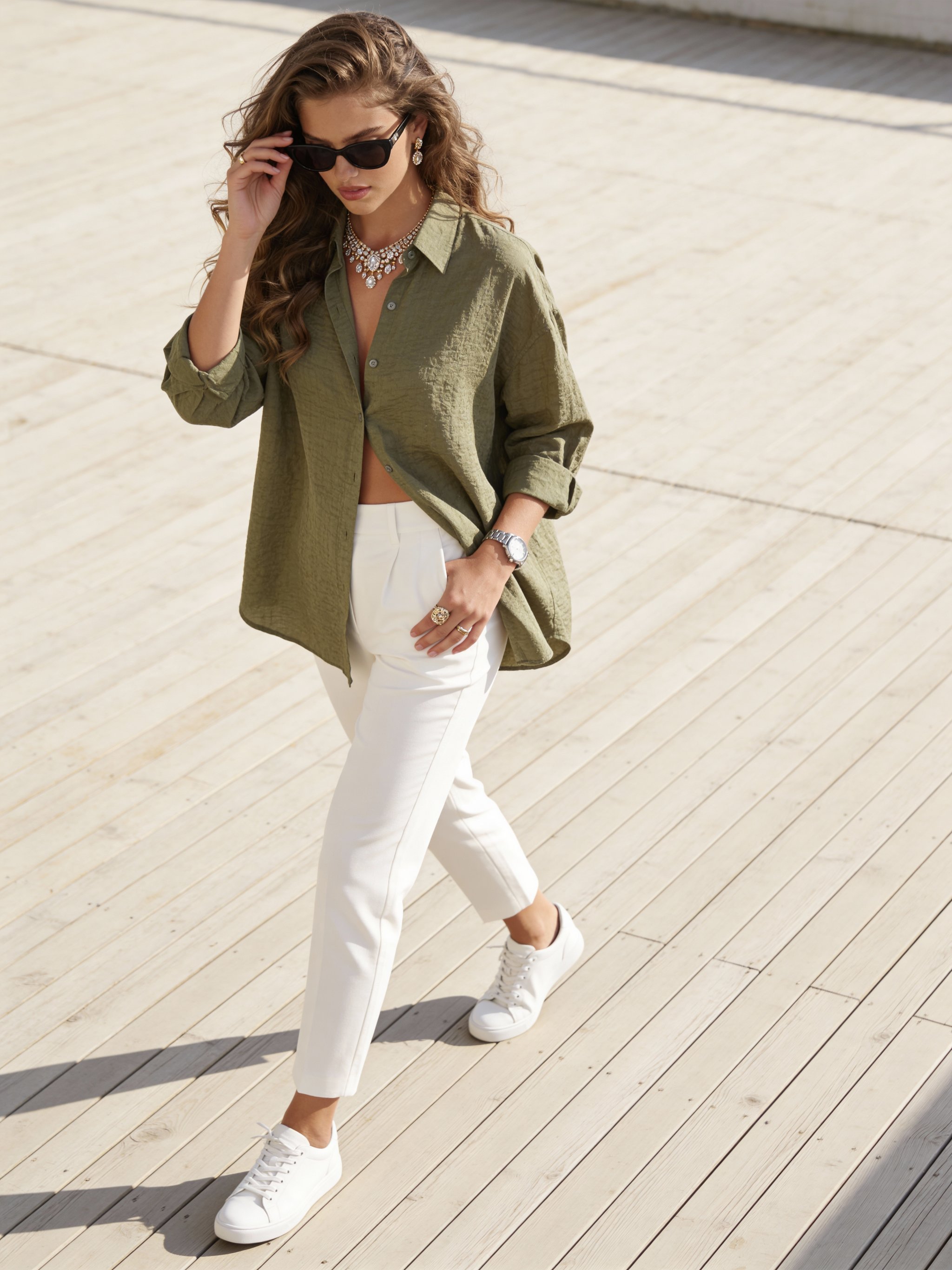 Example: fashion portrait on a bright deck with sage green shirt