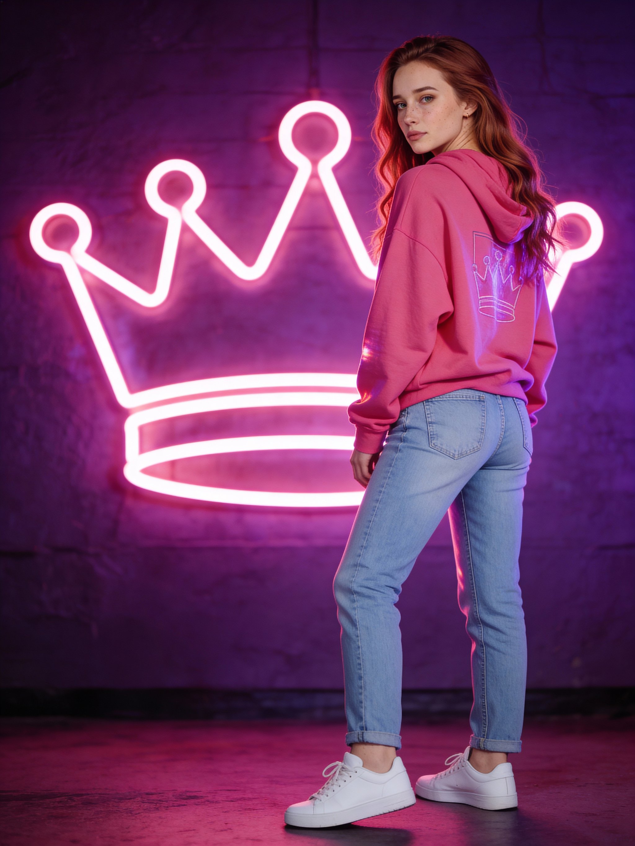 Example: rear-view portrait with pink hoodie and neon crown sign