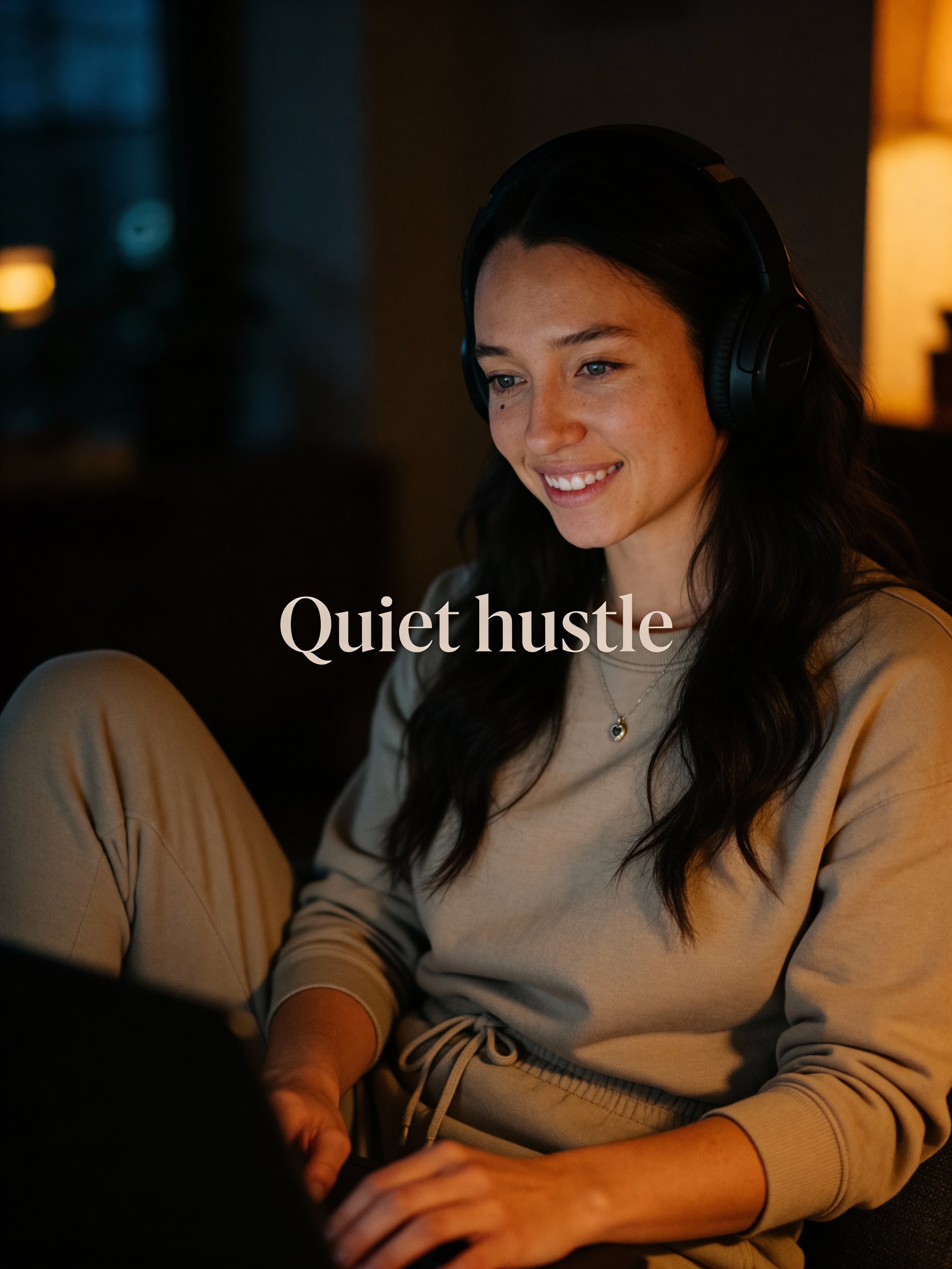 Example: late-evening portrait with headphones and subtle text