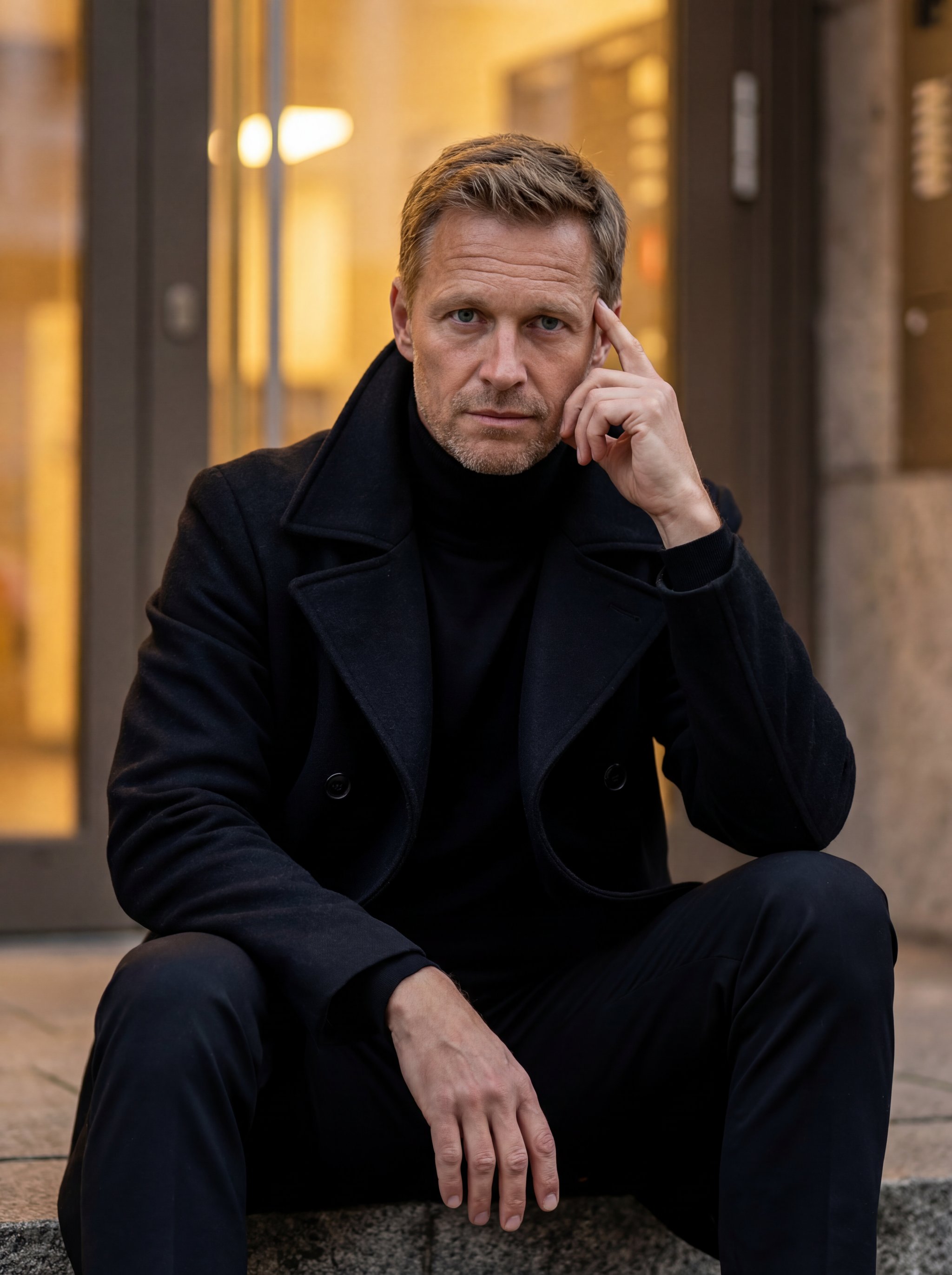 Example: cinematic urban portrait on stone steps
