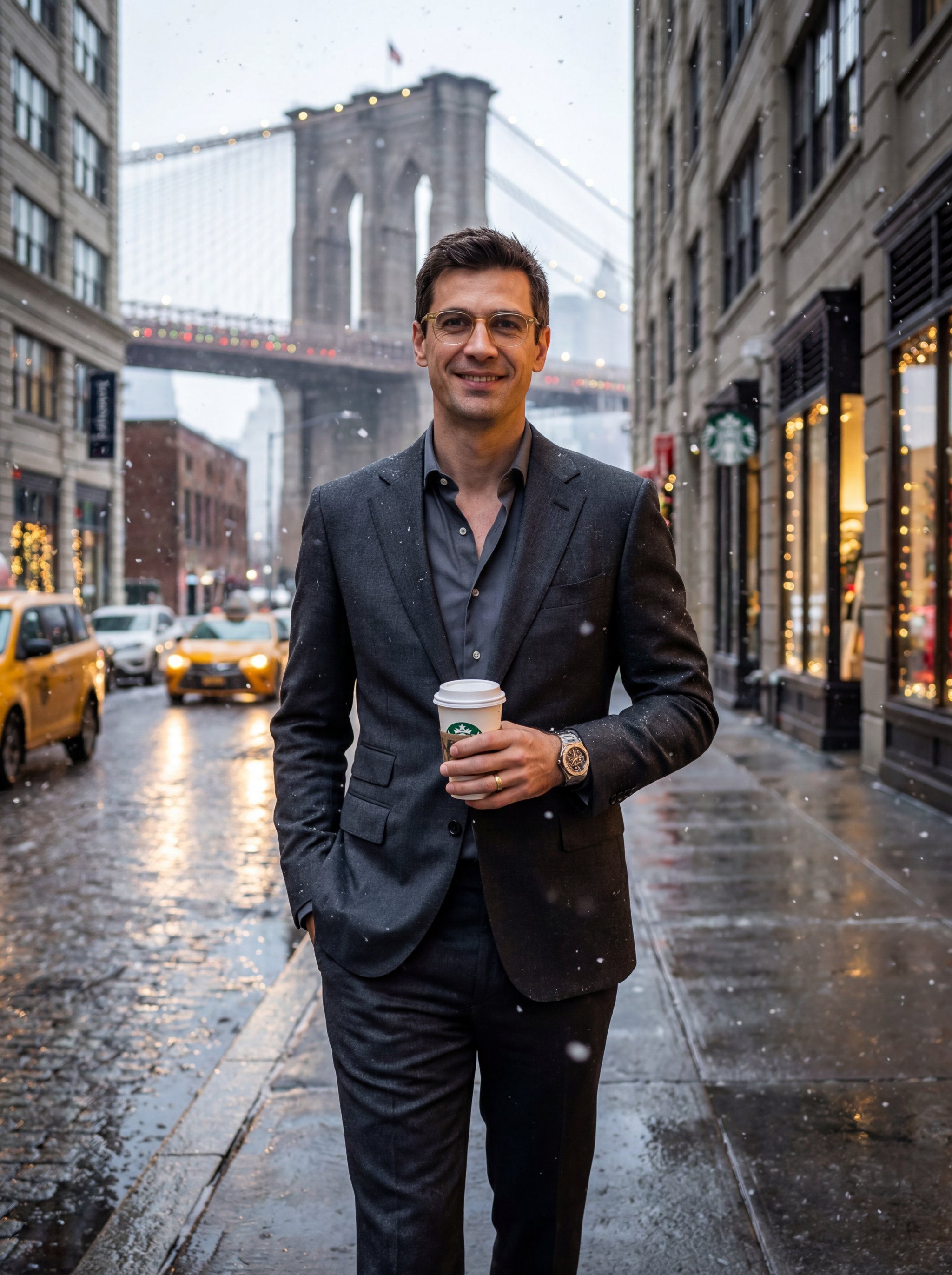Example: man in charcoal suit walking in Manhattan holiday lights with coffee cup