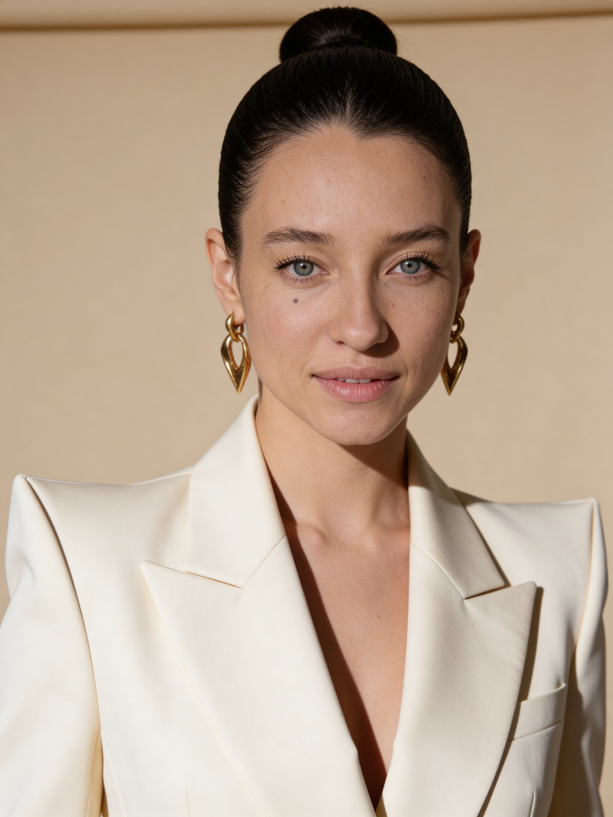 Example: woman in a cream structured blazer with sleek bun and gold earrings in a muted beige studio