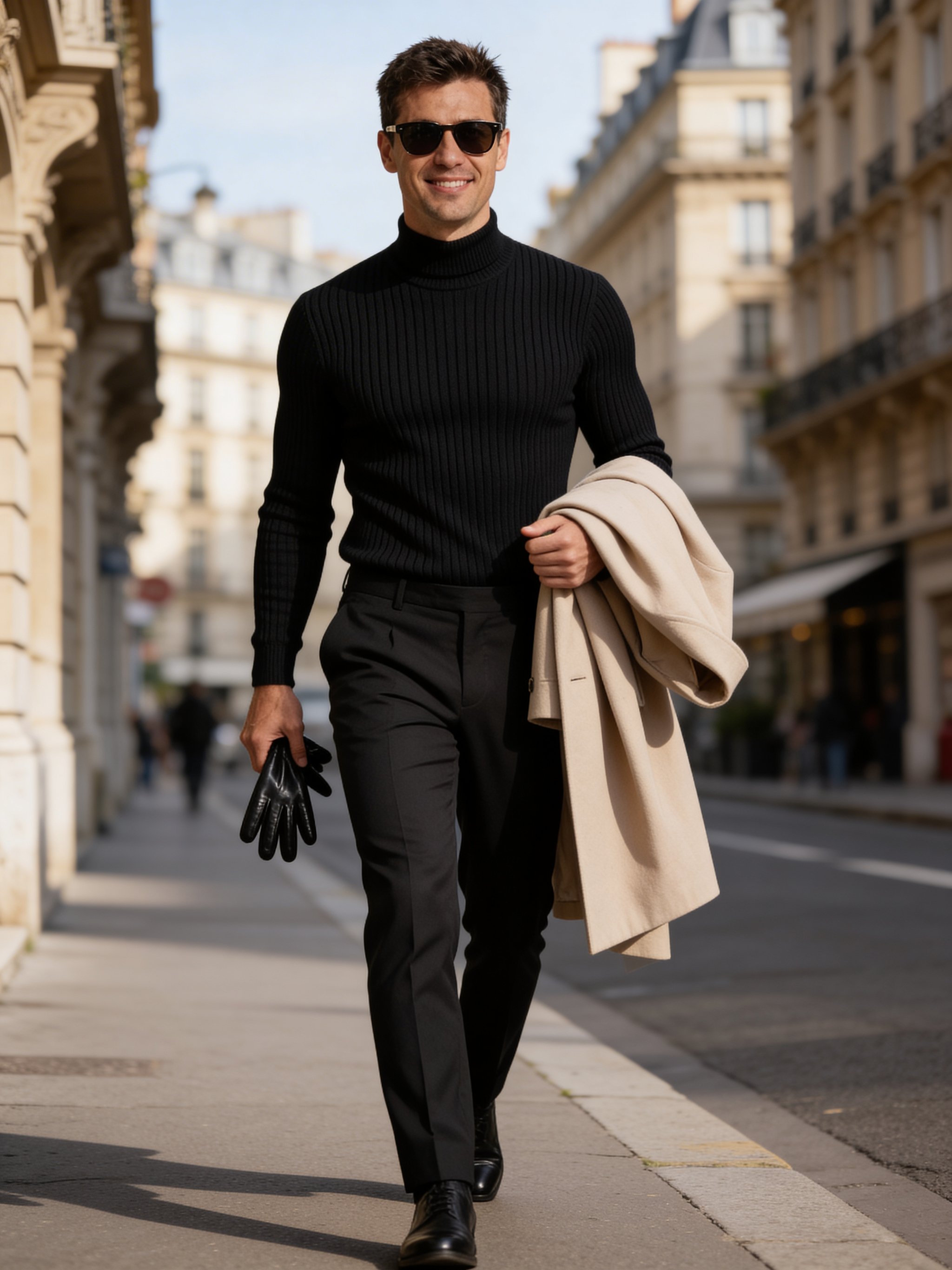 Example: man in black turtleneck and sunglasses walking on European city street