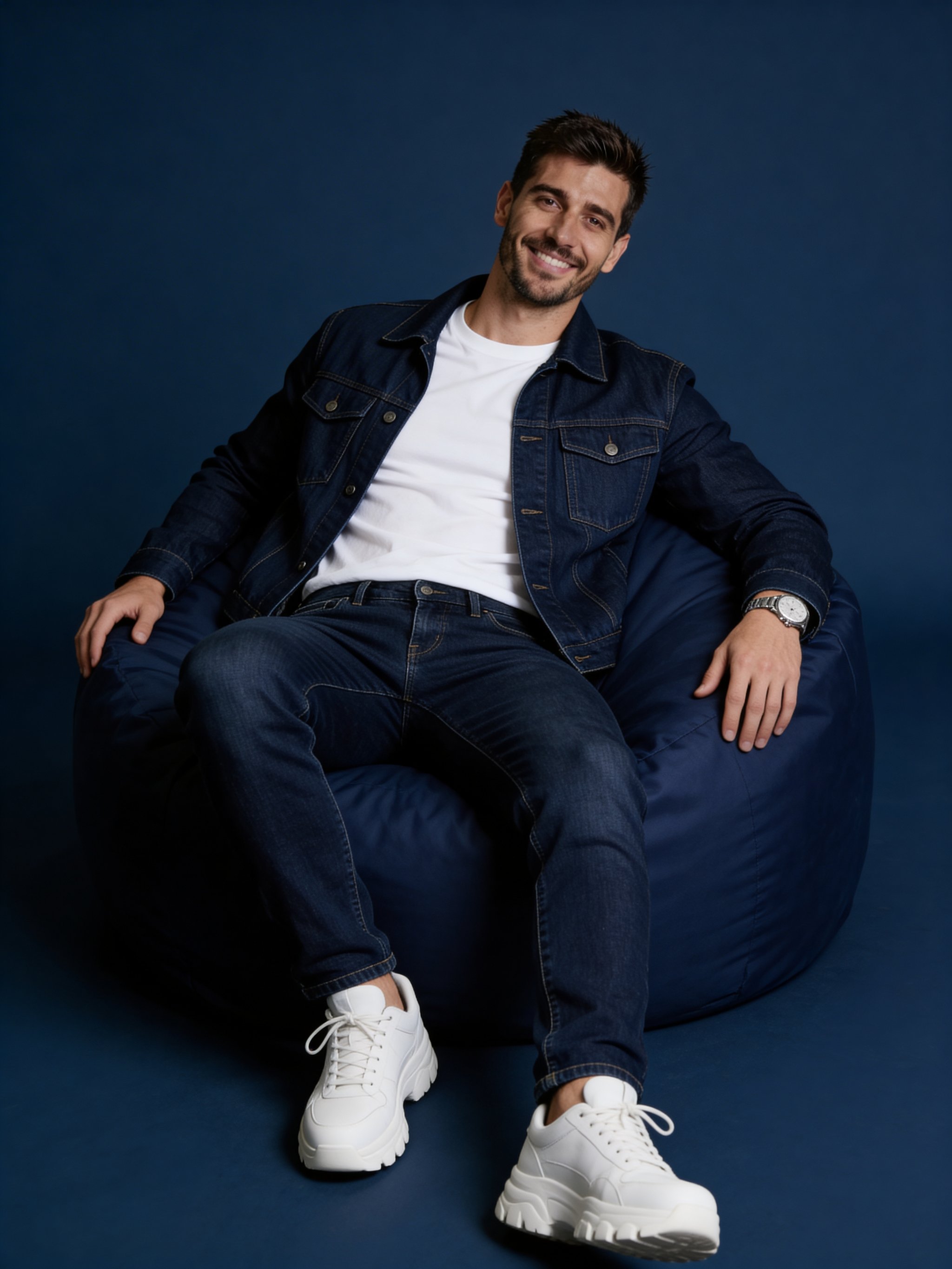 Example: man in all-navy outfit leaning on navy bean bag in studio