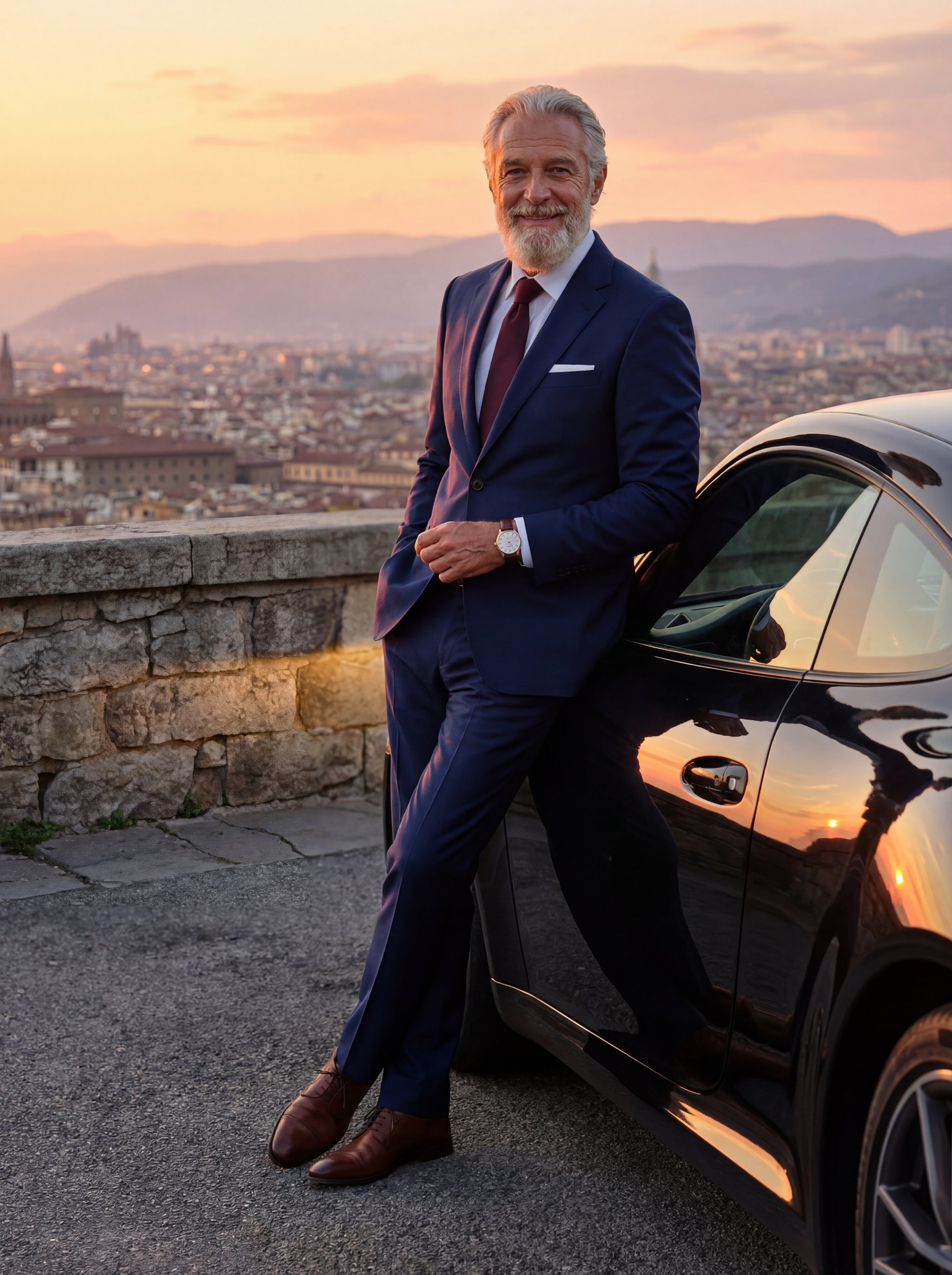 Example: man in suit leaning on a black sports car at sunset