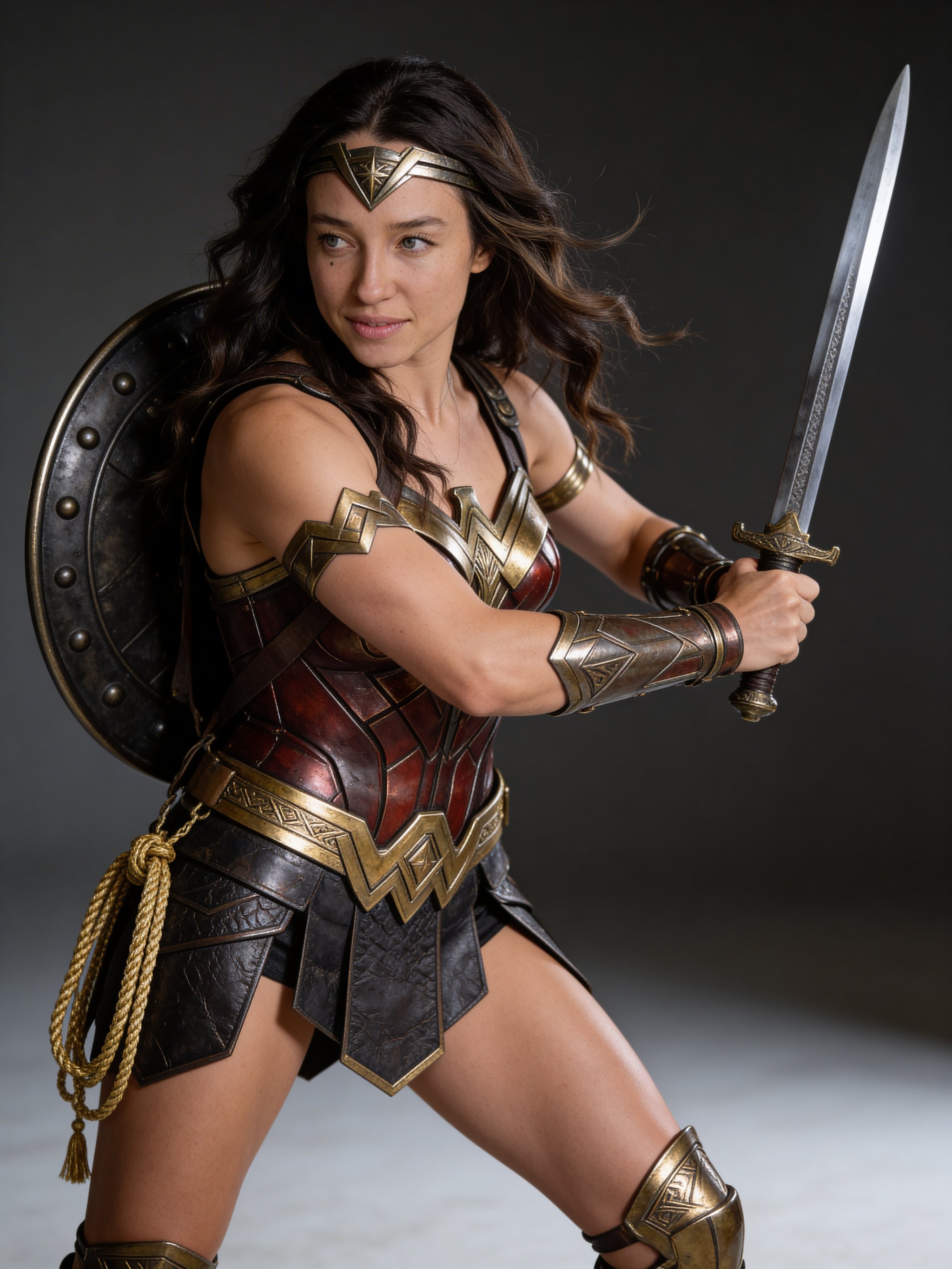 Example: woman as Amazon warrior in bronze-gold armor with sword and shield