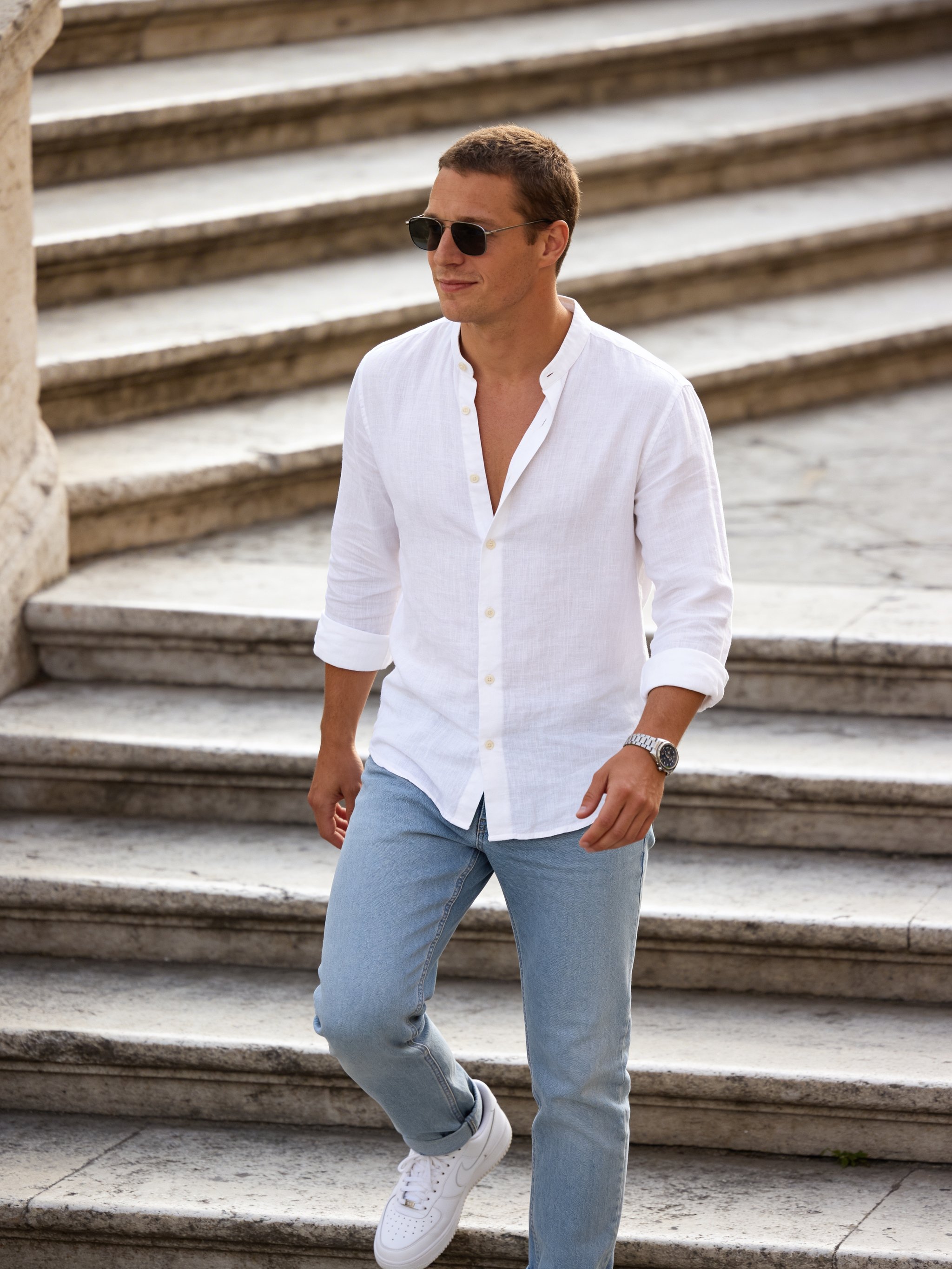 Example: linen shirt stone steps portrait