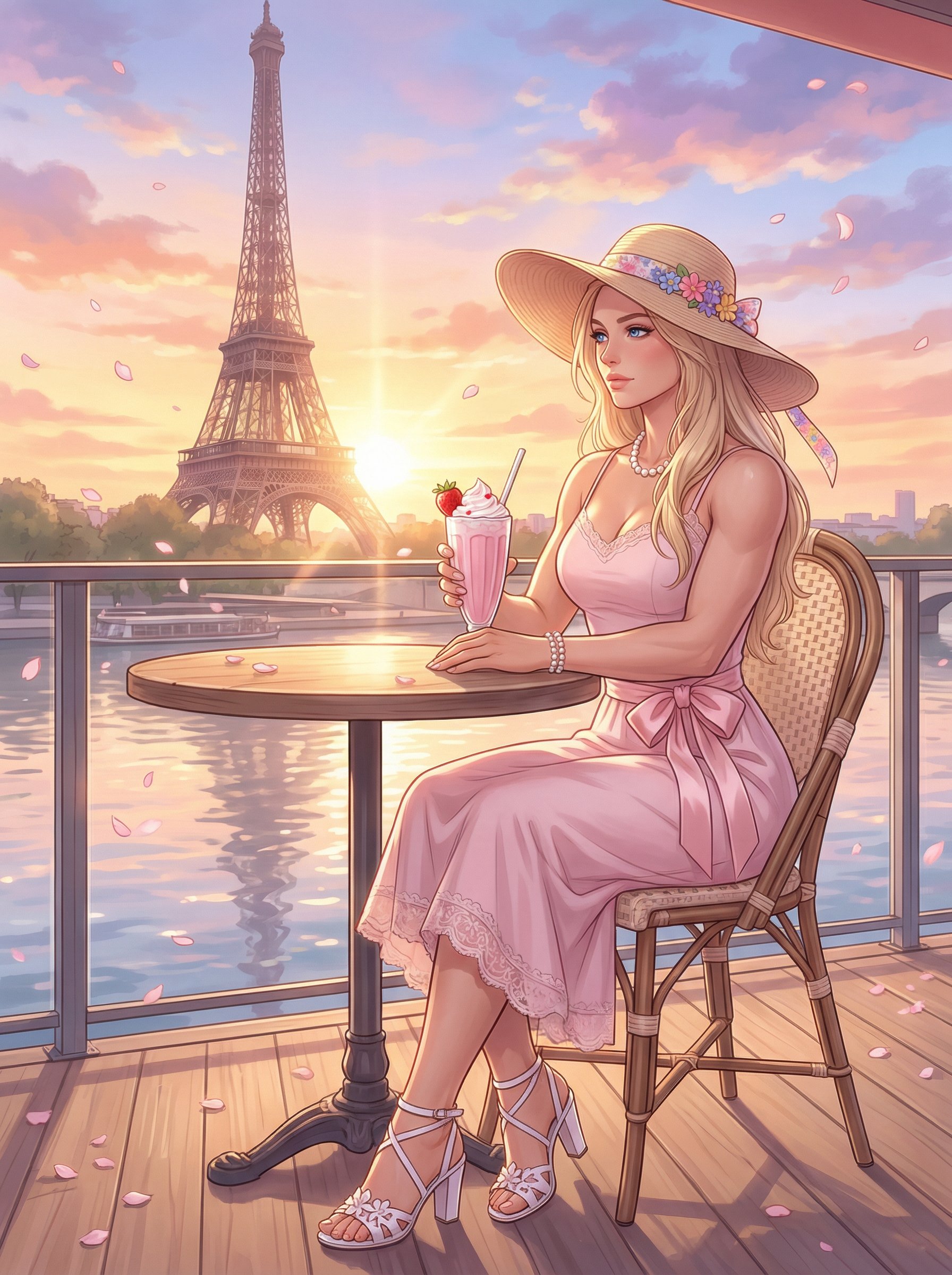 Ejemplo: ilustracion anime de cafe parisino al atardecer