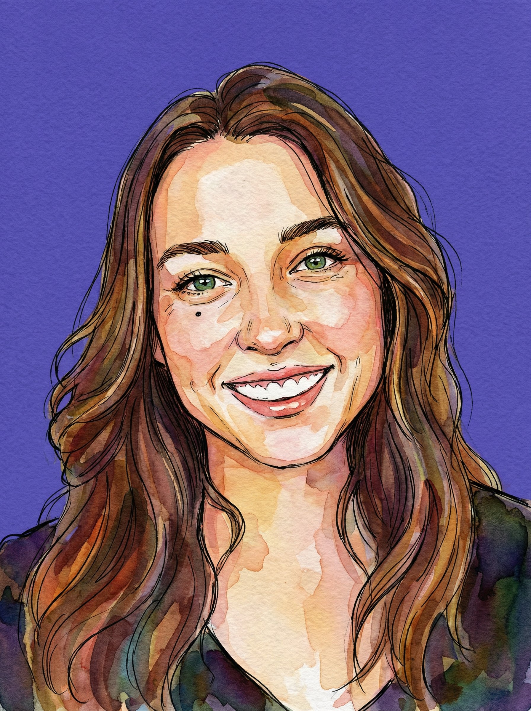 Ejemplo: retrato en acuarela y tinta con fondo púrpura