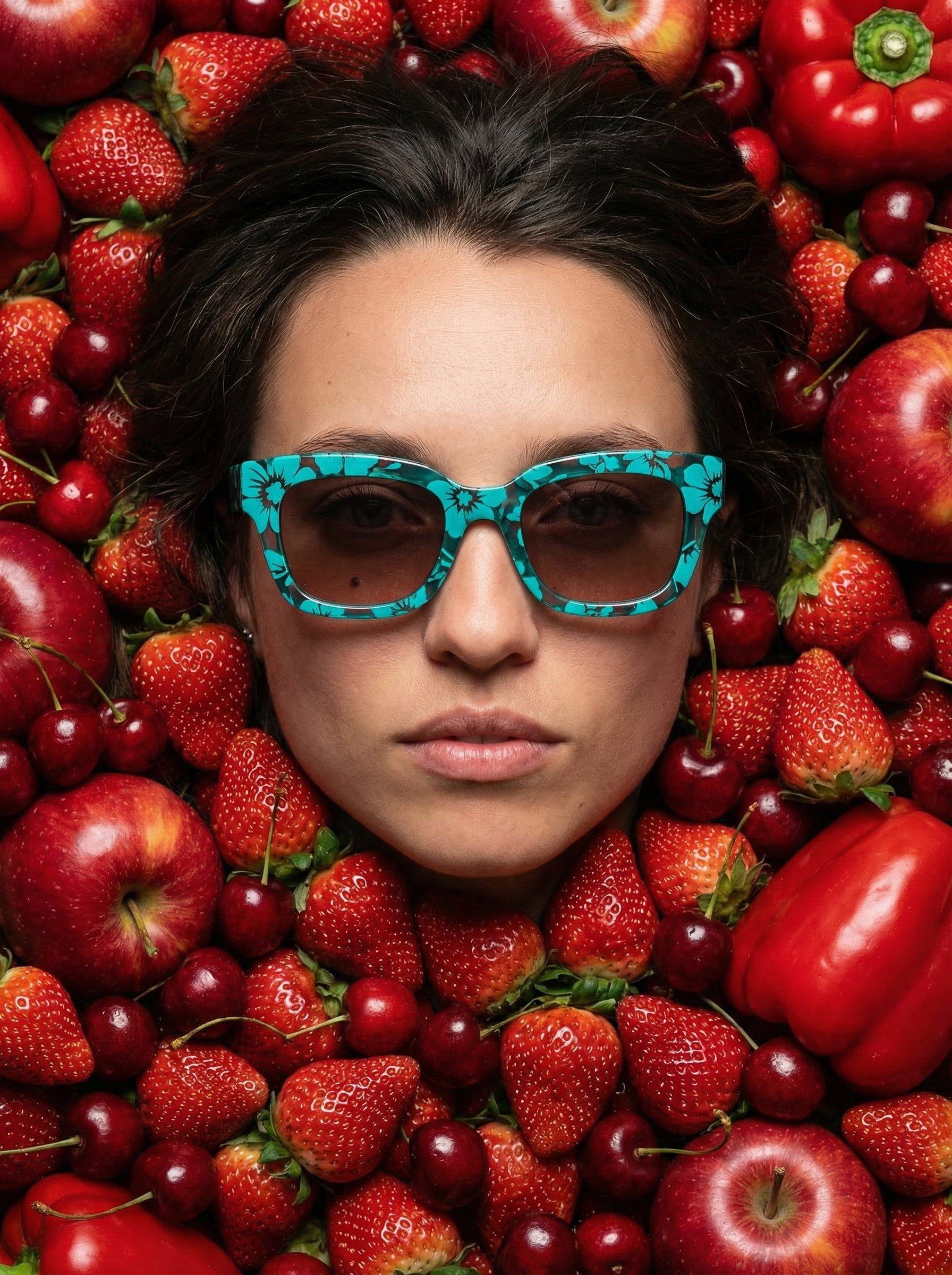 Ejemplo: retrato surreal pop con frutas rojas
