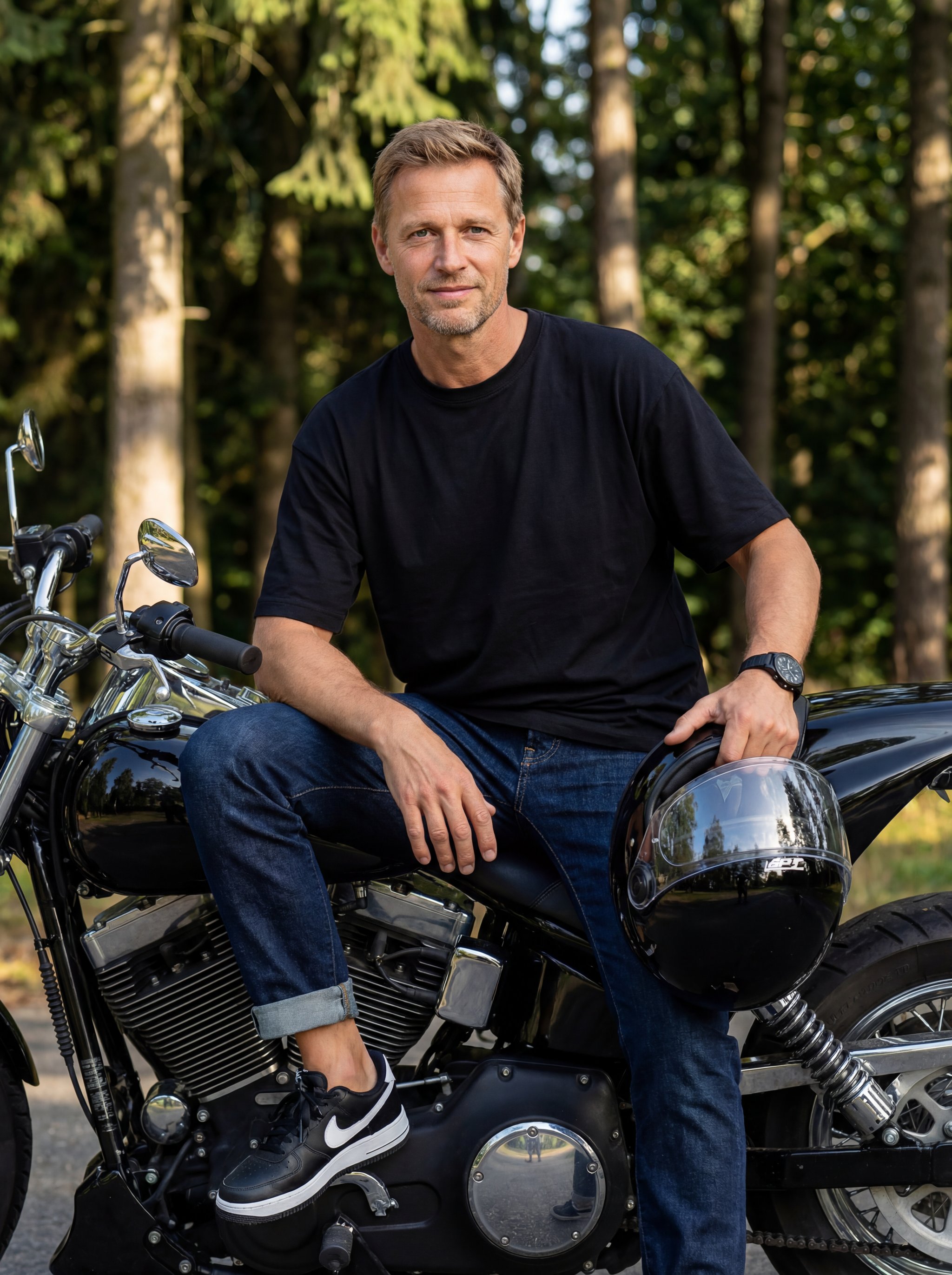 Example: subject seated on a black sports motorcycle outdoors