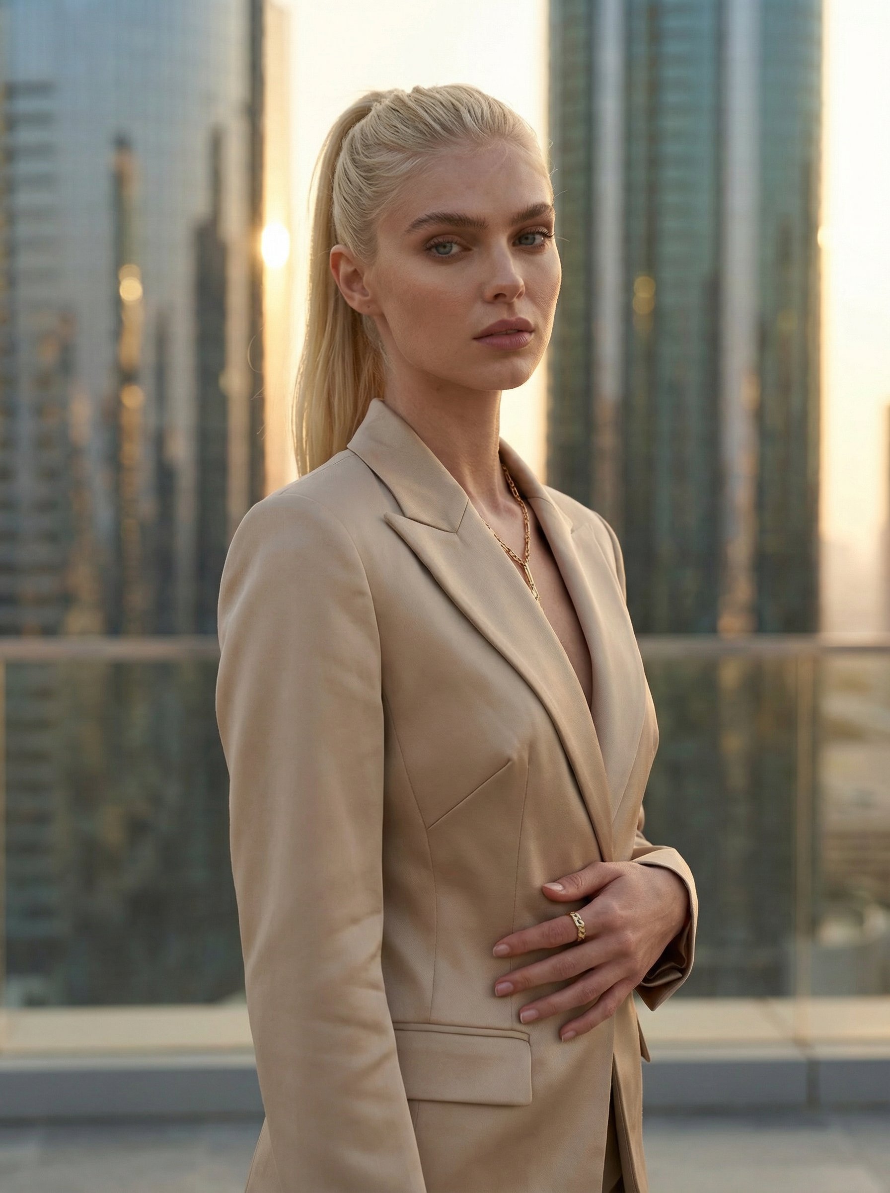 Example: Dubai rooftop sand-couture campaign portrait