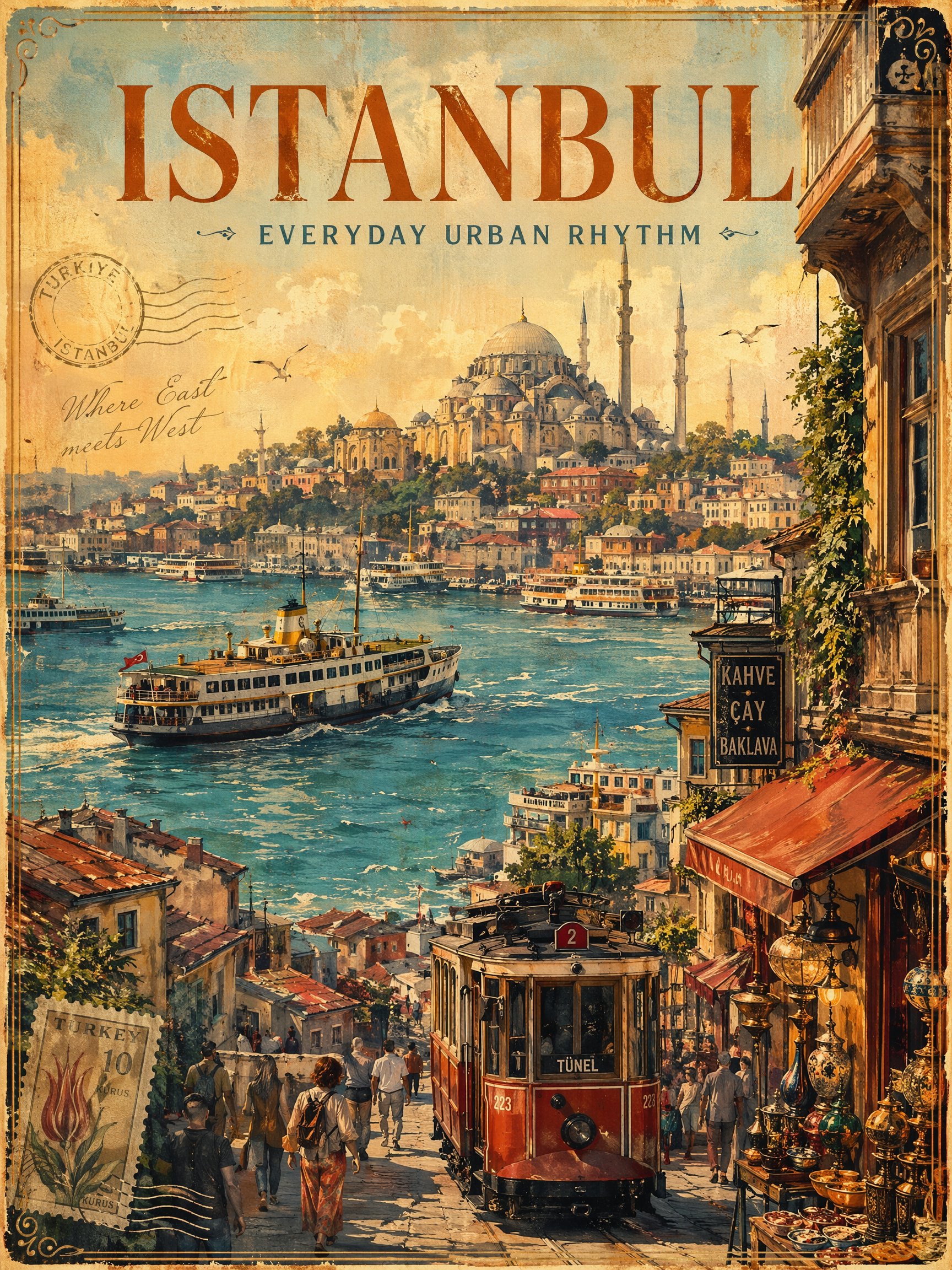 Póster turístico vintage de Estambul con costa cálida y detalle urbano