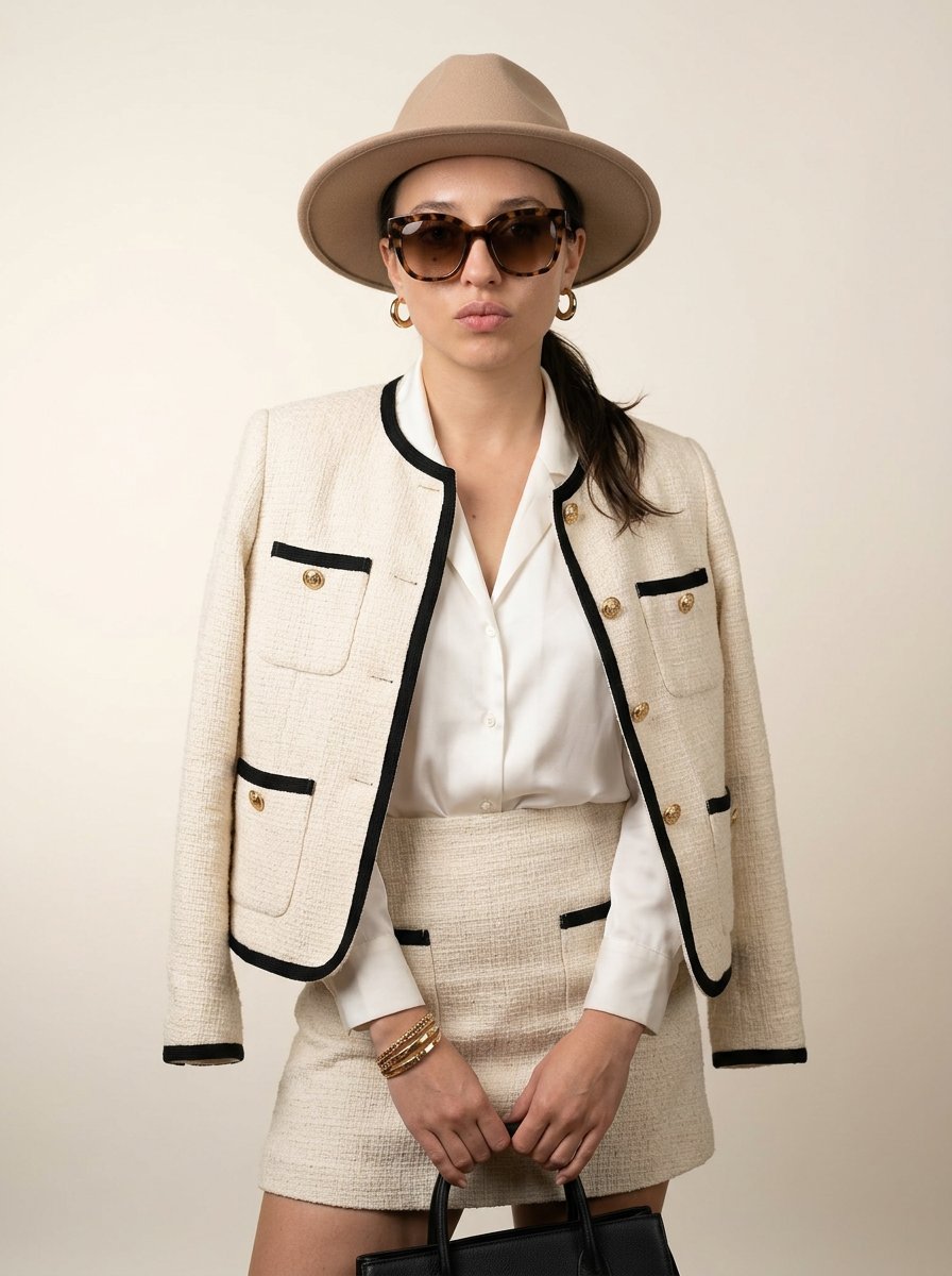 Example: cream tweed fedora editorial portrait