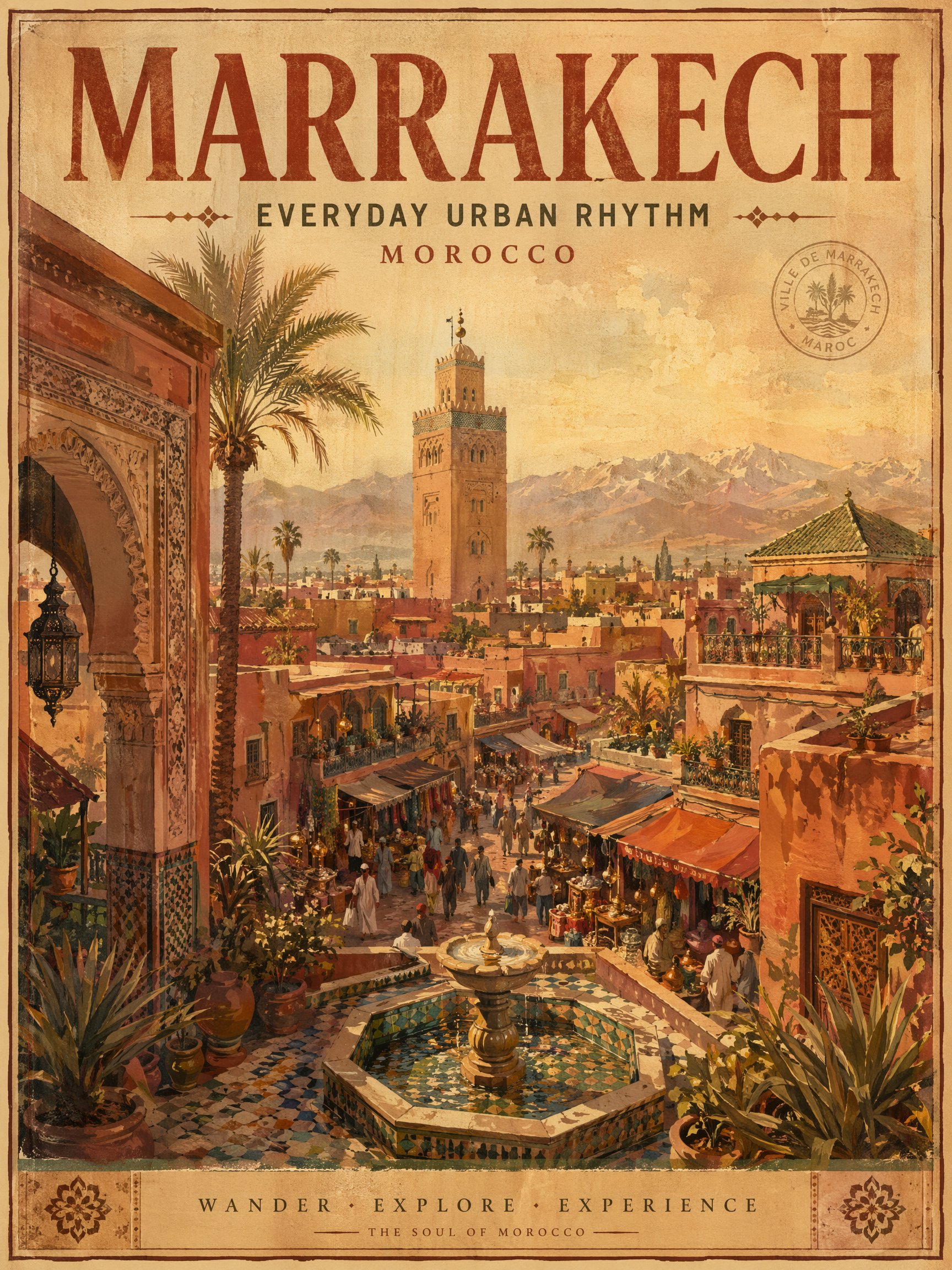 Póster turístico vintage de Marrakech con arquitectura soleada y color desértico