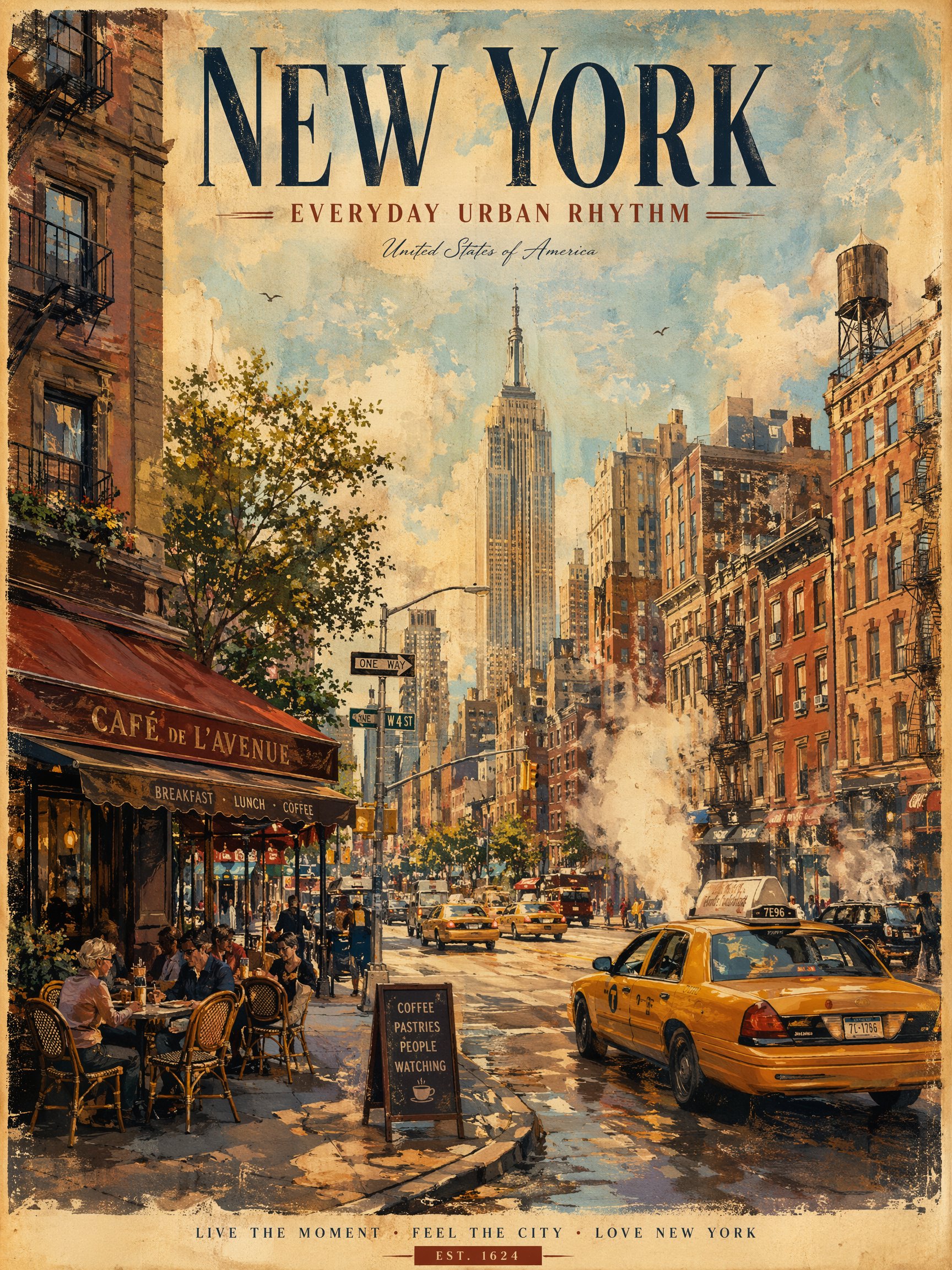 Póster turístico vintage de Nueva York con energía de calle y tipografía clásica