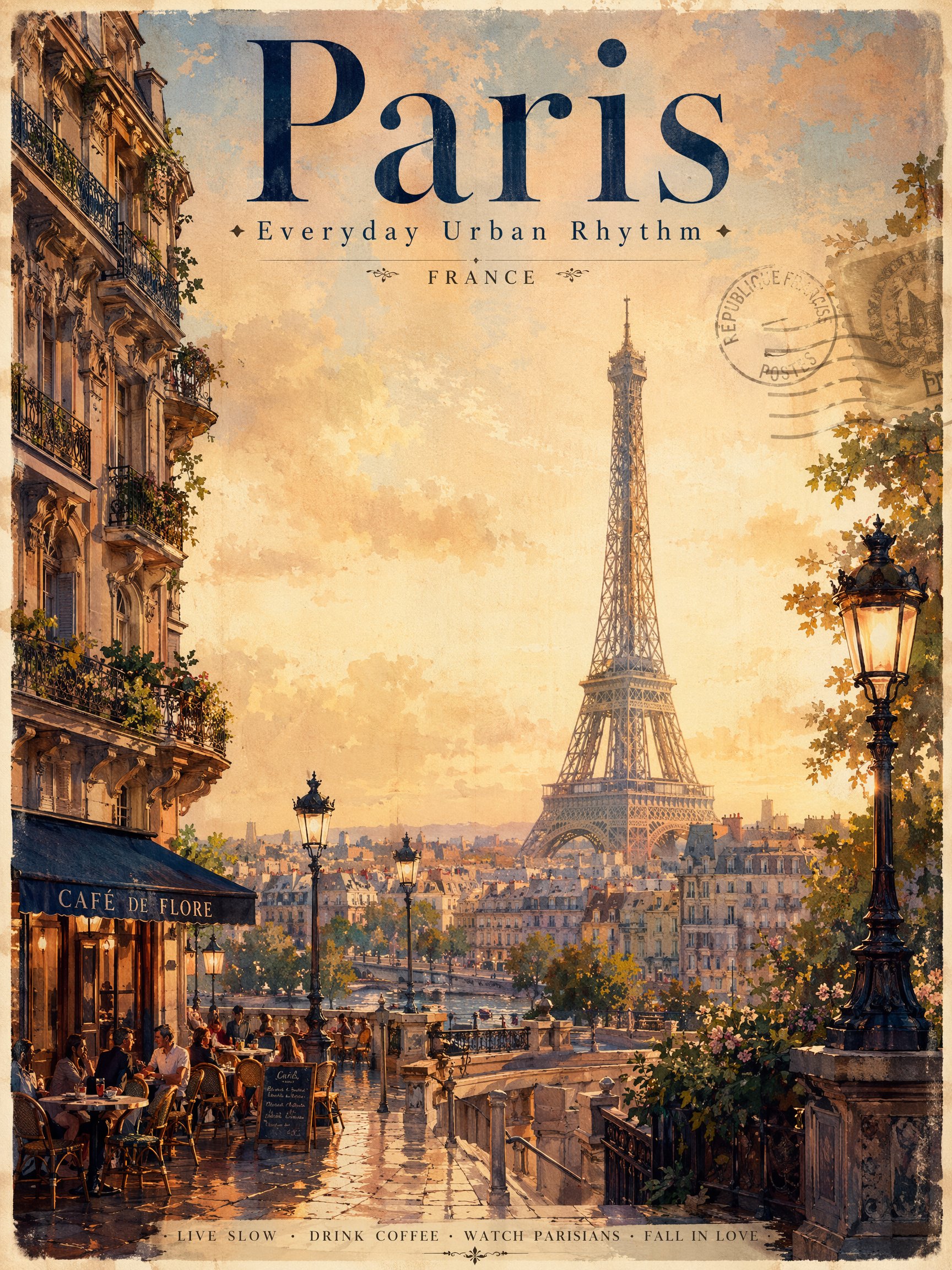 Póster turístico vintage de París con la Torre Eiffel y luz dorada suave