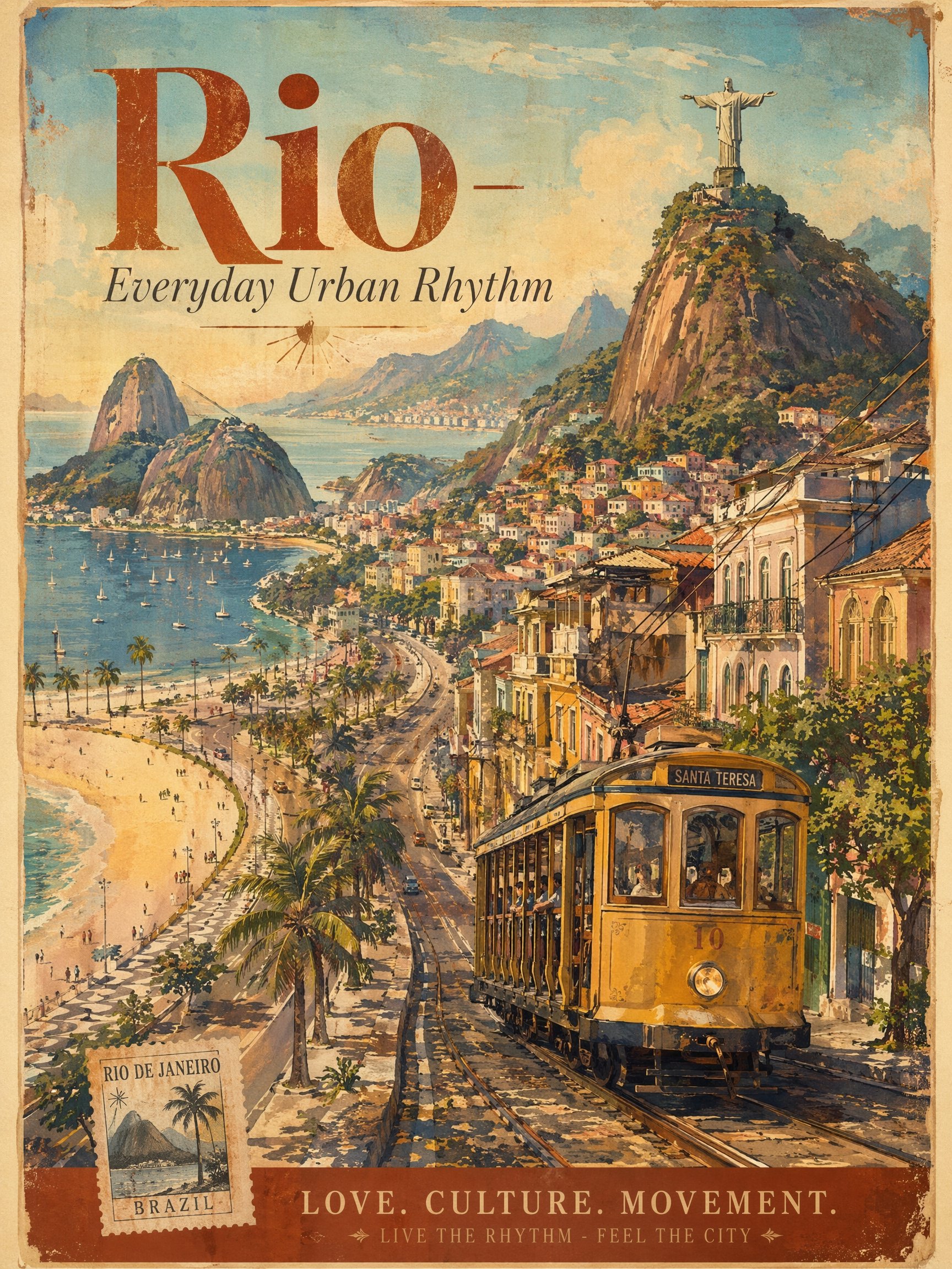 Póster turístico vintage de Río de Janeiro con cerros costeros y color urbano