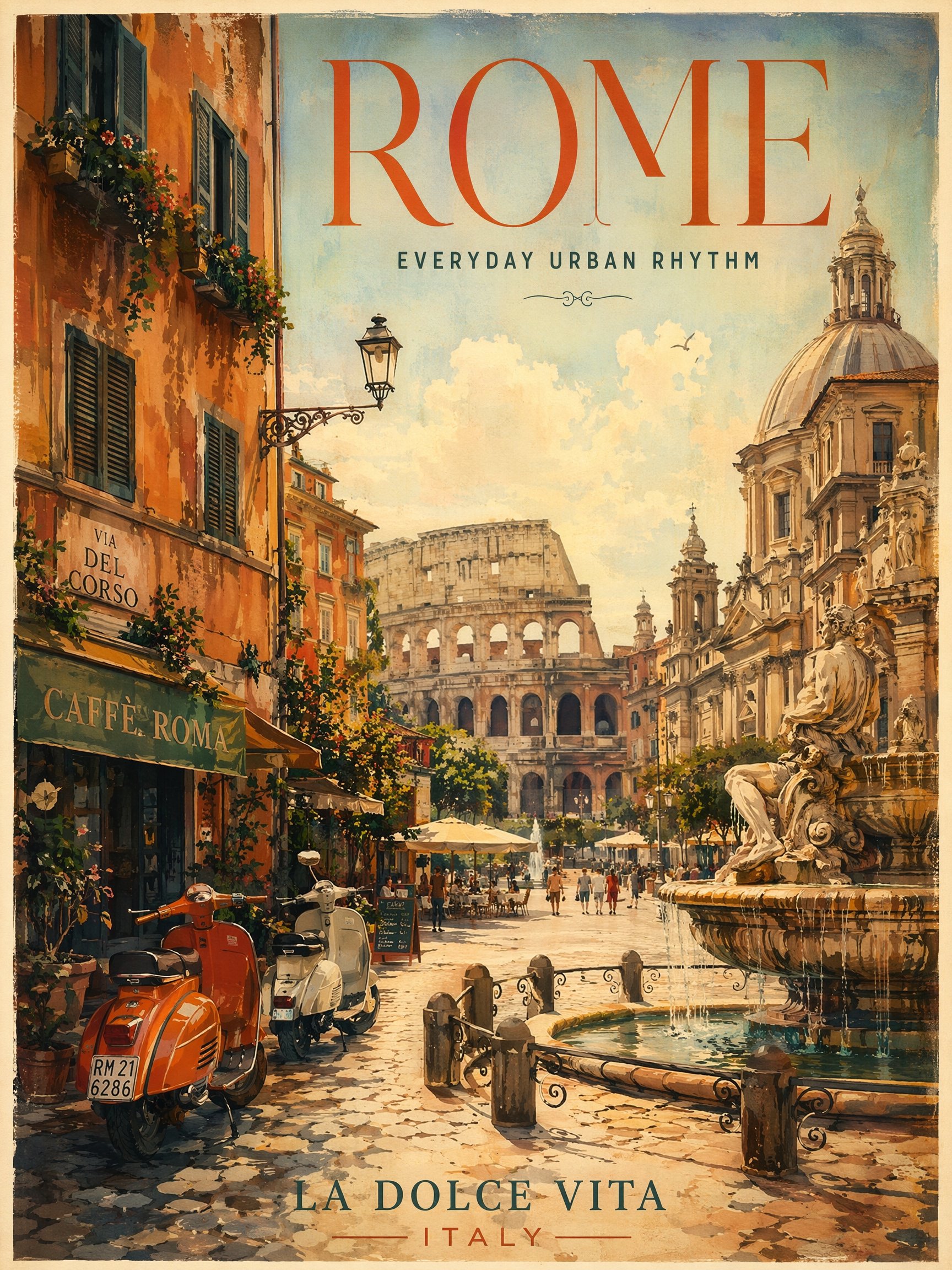 Póster turístico vintage de Roma con arquitectura histórica y luz cálida