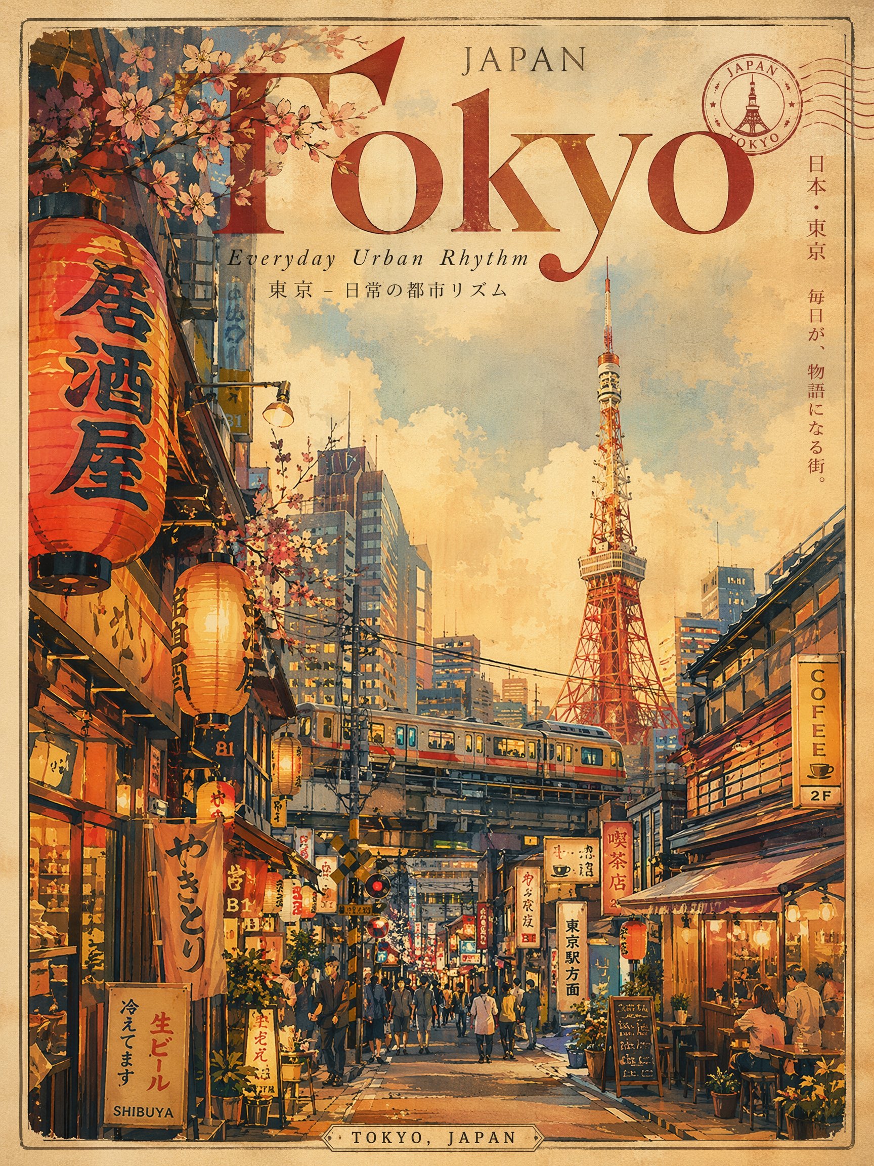 Póster turístico vintage de Tokio con letreros densos y estilo retro