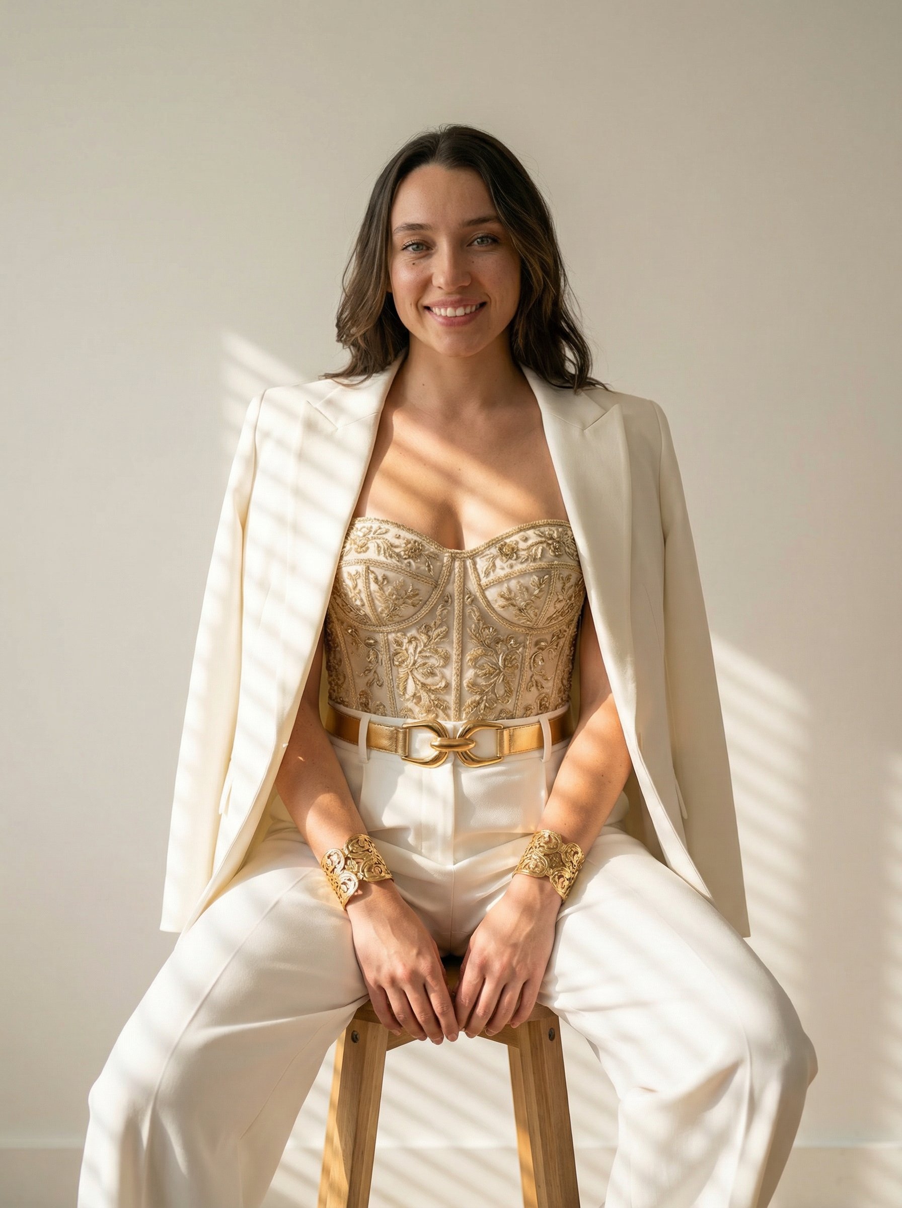 Ejemplo: retrato de moda con corset dorado en taburete