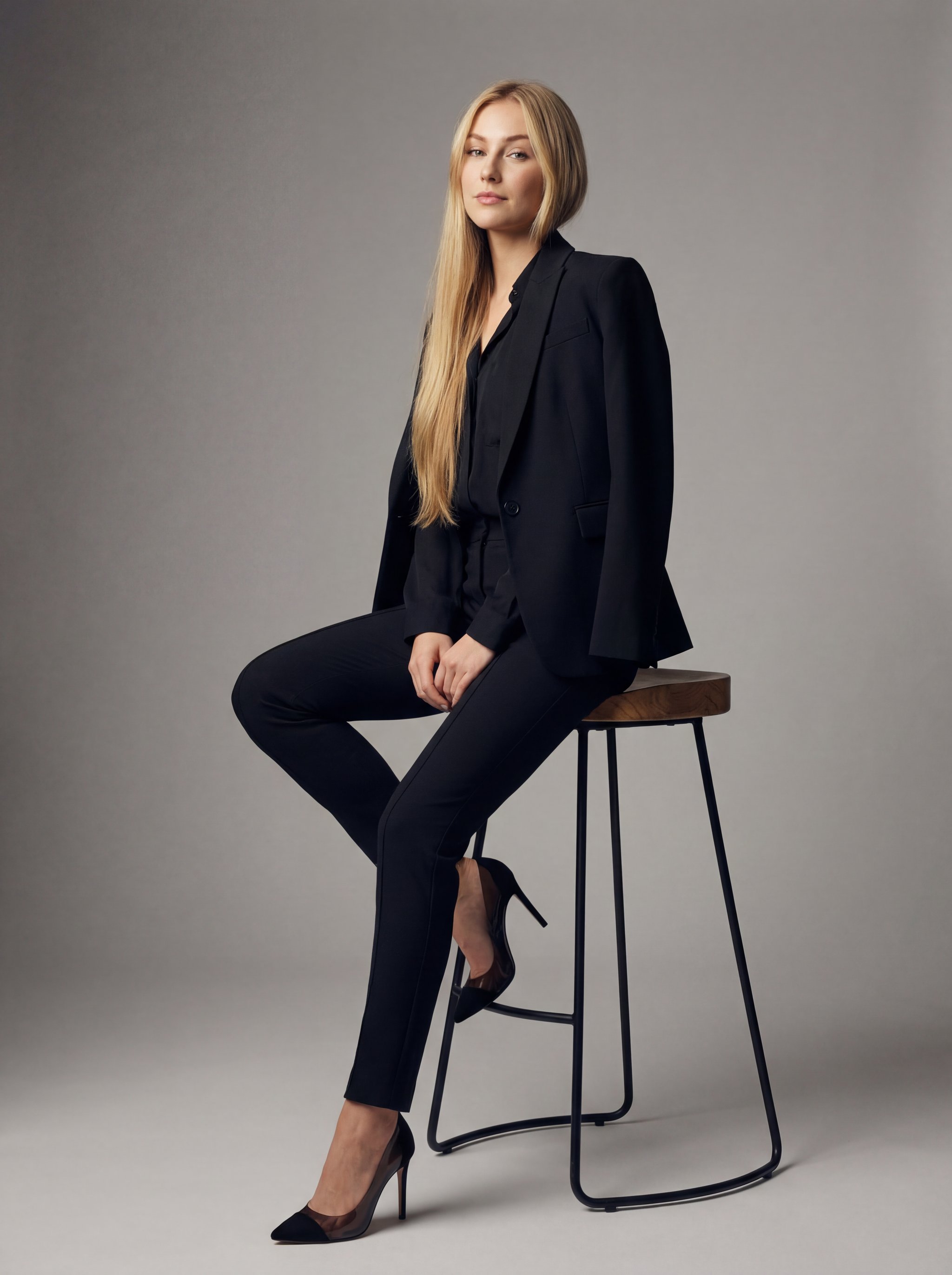 Example: ultra-realistic woman portrait on studio stool